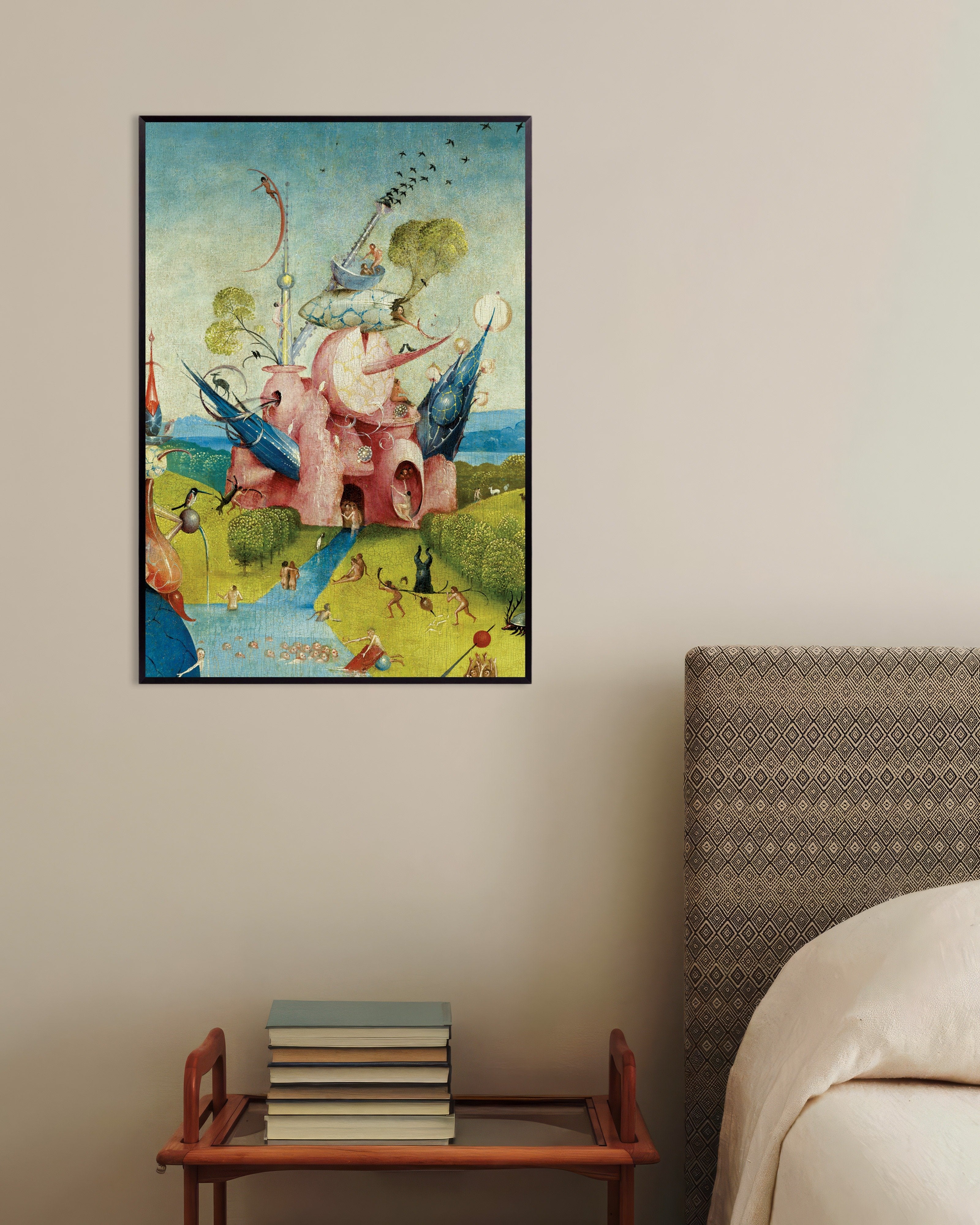 Poster of The pink castle and bird chimney - Detail from The Garden of Earthly Delights, with metal frame