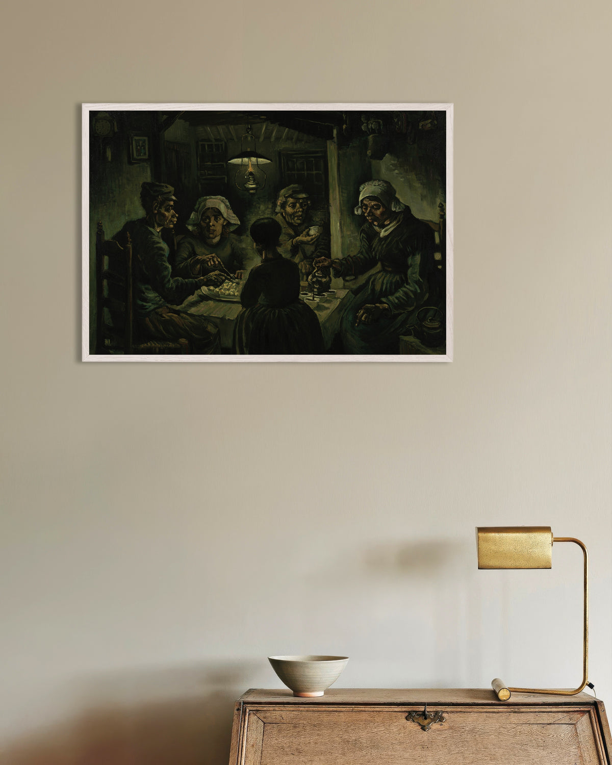 Poster «I mangiatori di patate» (1885) di Vincent van Gogh, con cornice in legno bianco