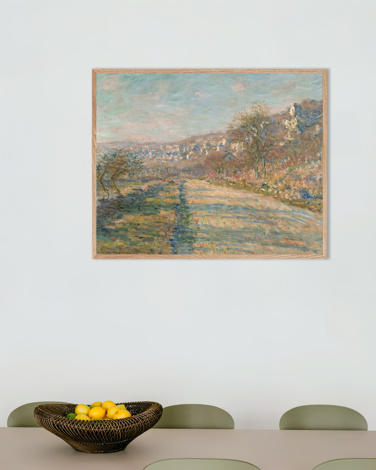 Poster La strada per La Roche-Guyon (1880) di Claude Monet con cornice in legno naturale