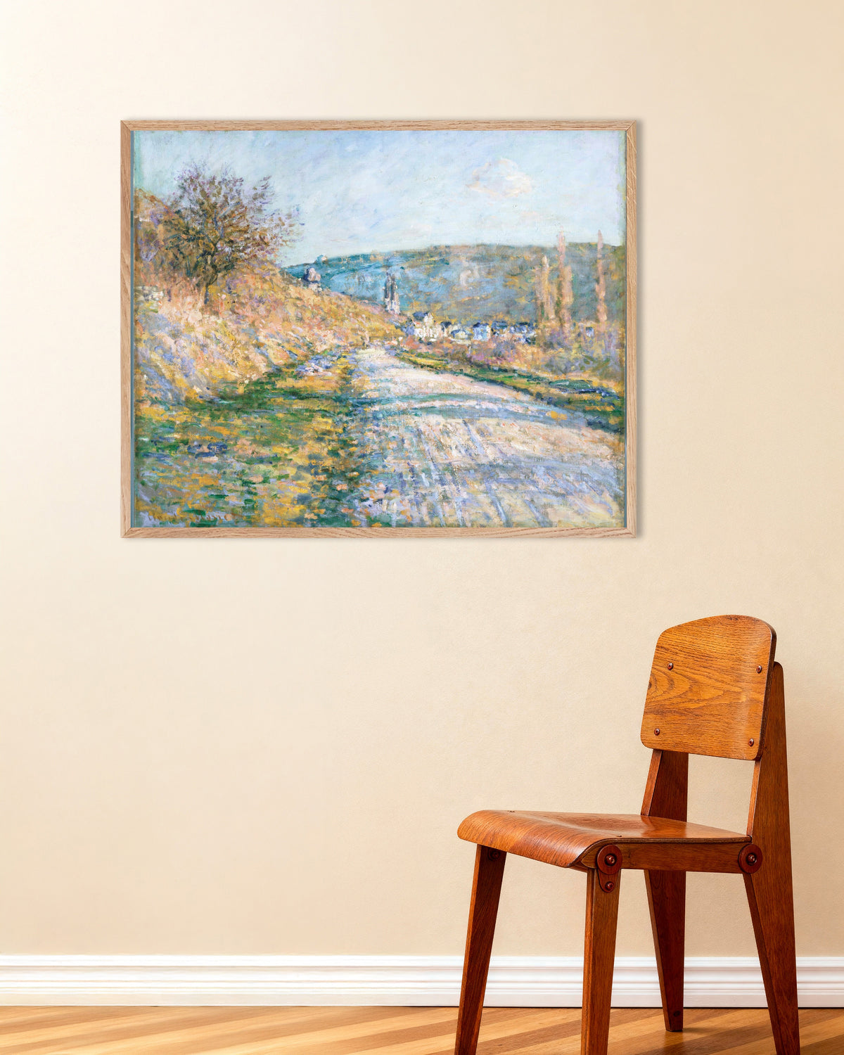 Affiche La Route de Vétheuil (1879) de Claude Monet, avec un cadre en bois naturel