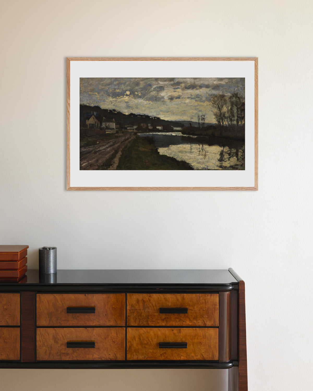 Affiche La Seine à Bougival (1870) de Claude Monet, avec un cadre en bois naturel