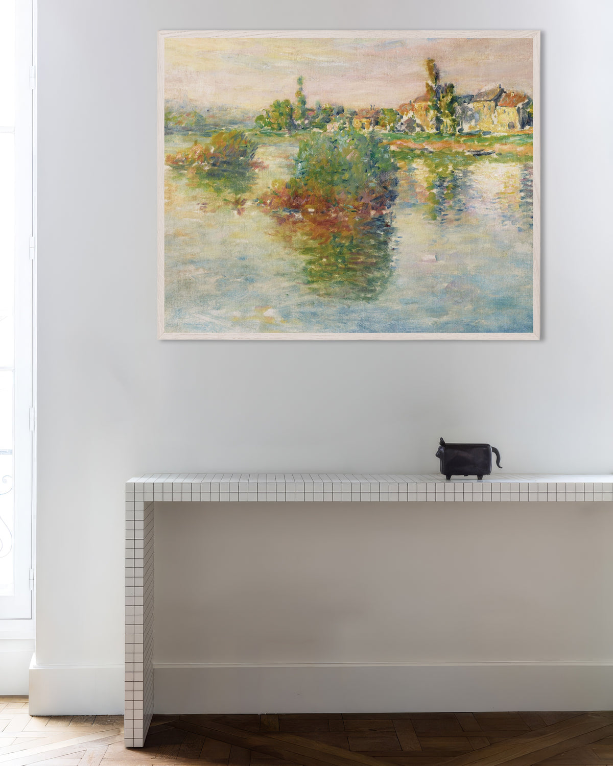 Affiche La Seine à Lavacourt (1879) de Claude Monet, avec un cadre en bois blanc