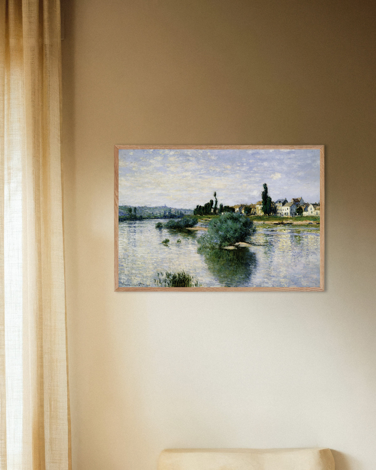 Affiche La Seine à Lavacourt (1880) de Claude Monet, avec un cadre en bois naturel