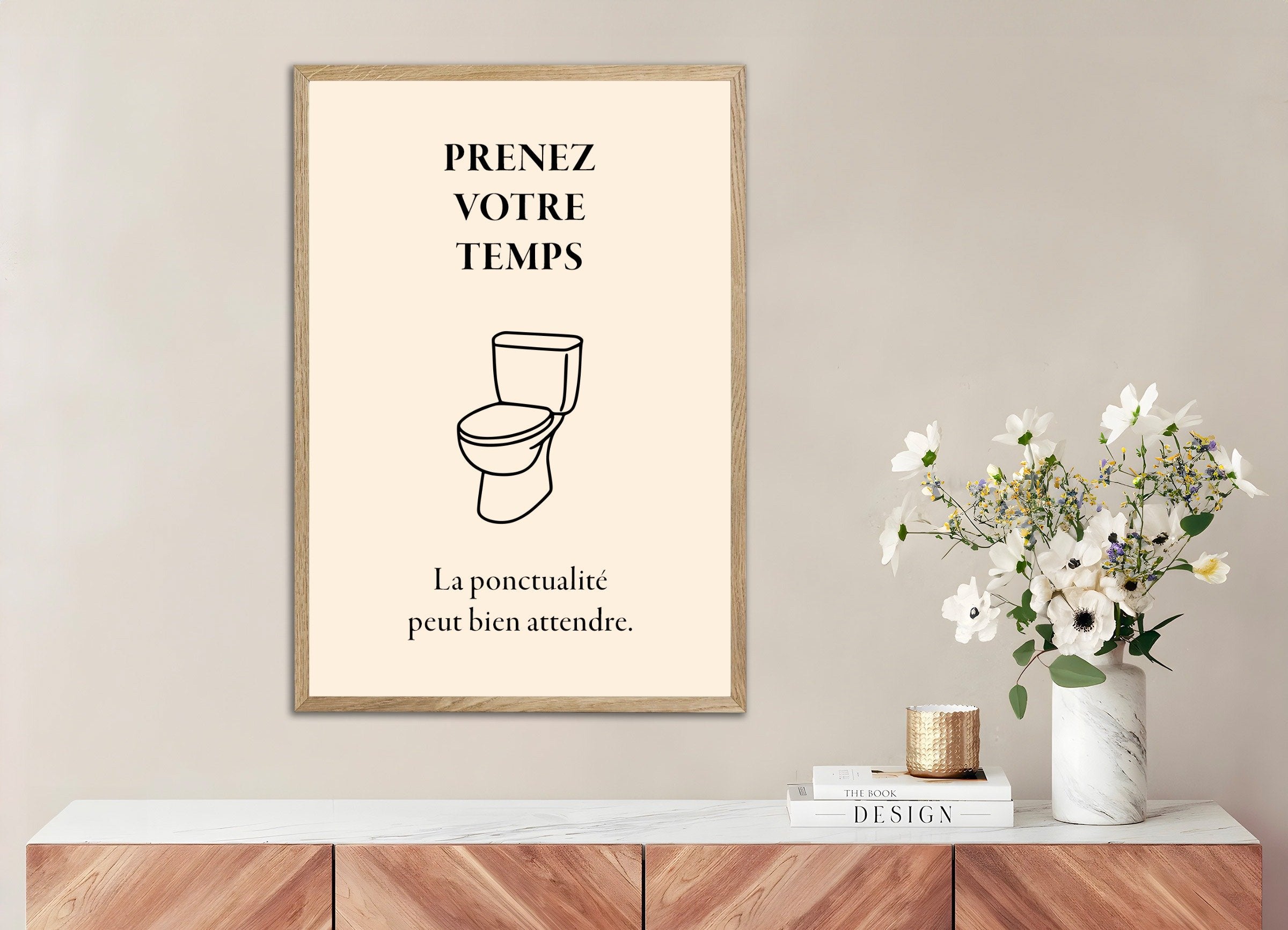 Poster of Toilet Poster – Take Your Time - Humorous Wall Art, with natural wooden frame