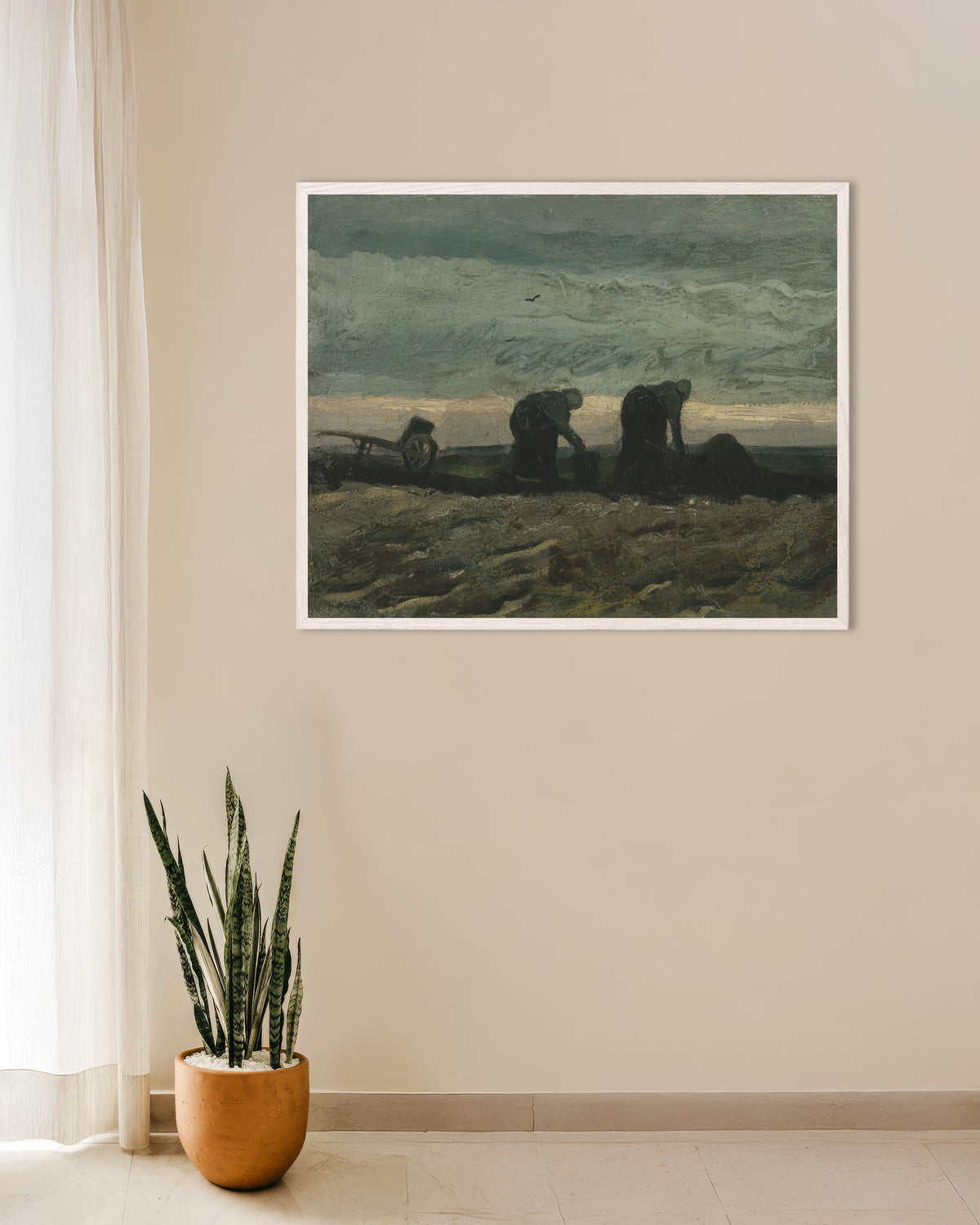 Poster Deux femmes dans la lande (1883), de Vincent van Gogh, avec un cadre en bois blanc