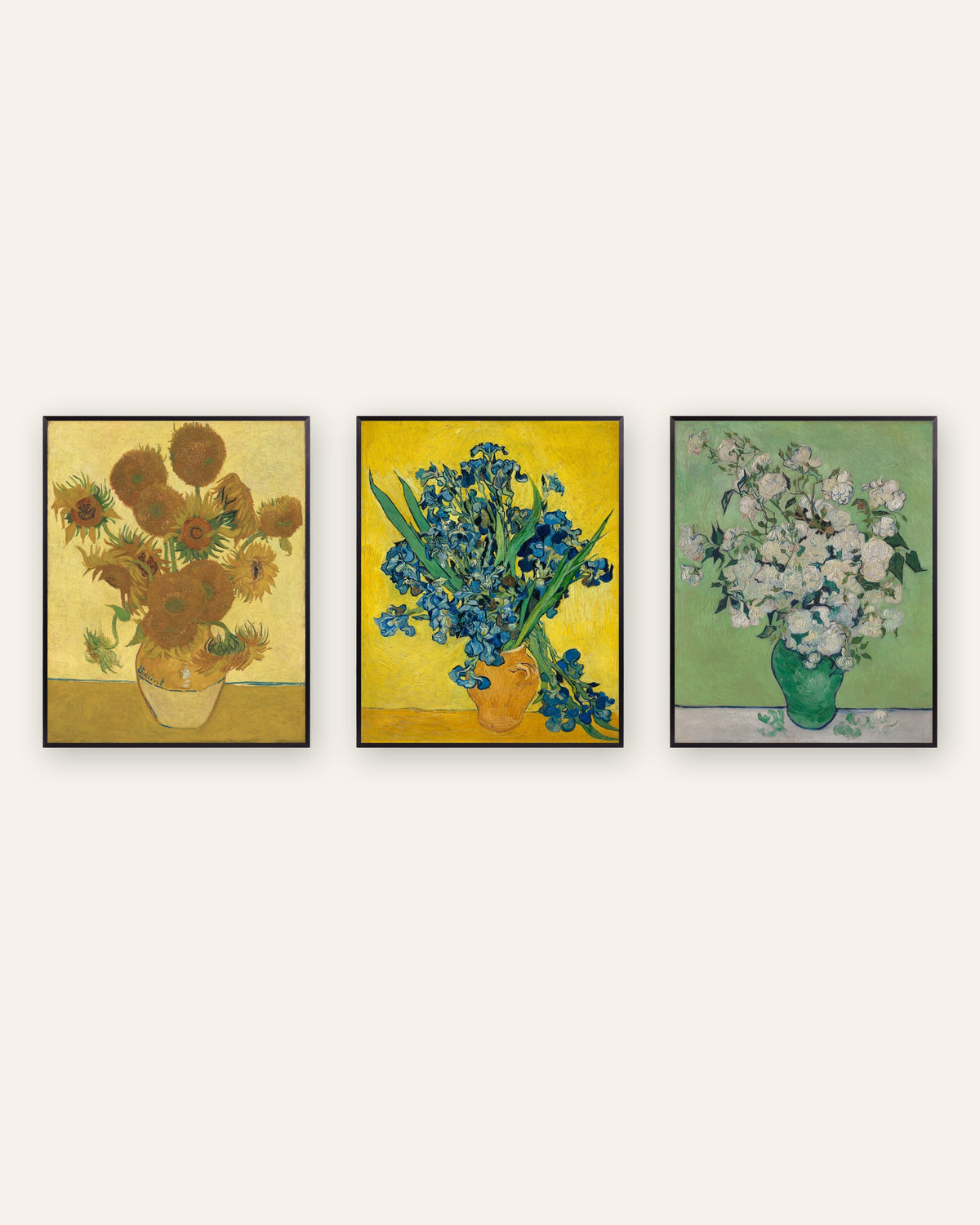 Poster fiori di Van Gogh, set da 3: Girasoli, Iris e Rose, con cornici in metallo nero