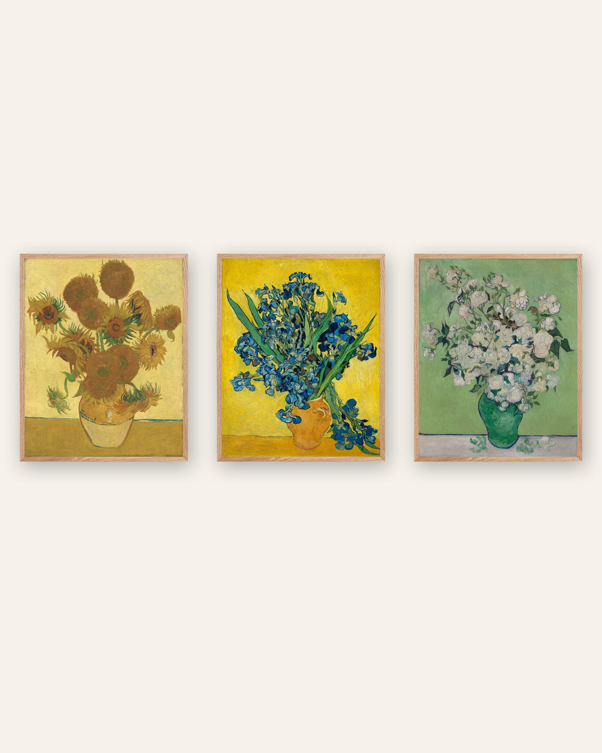 Poster fiori di Van Gogh, set da 3: Girasoli, Iris e Rose, con cornici in rovere naturale
