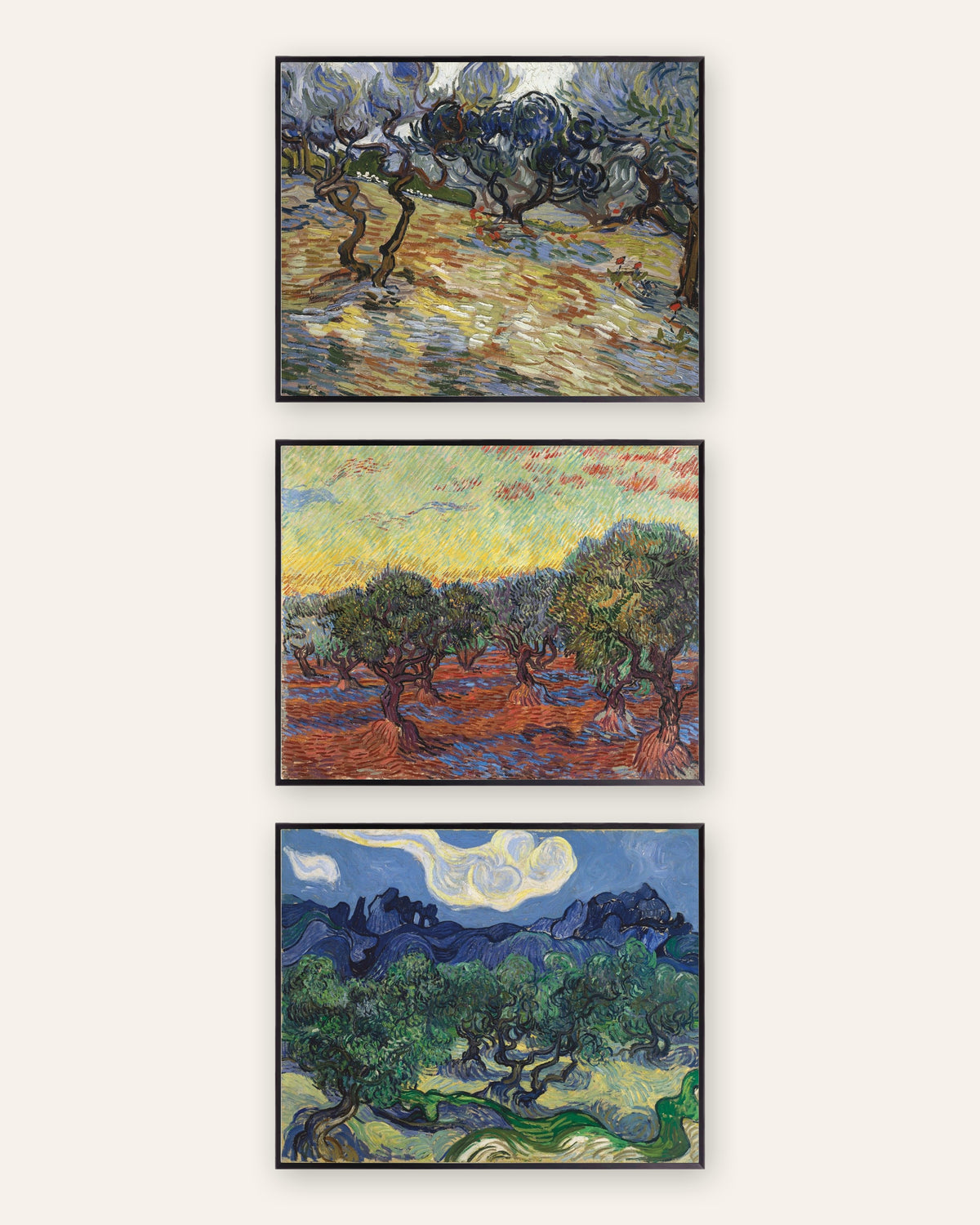 Affiches Van Gogh oliviers, lot de 3 : les oliveraies de Saint-Rémy, cadres en métal noir