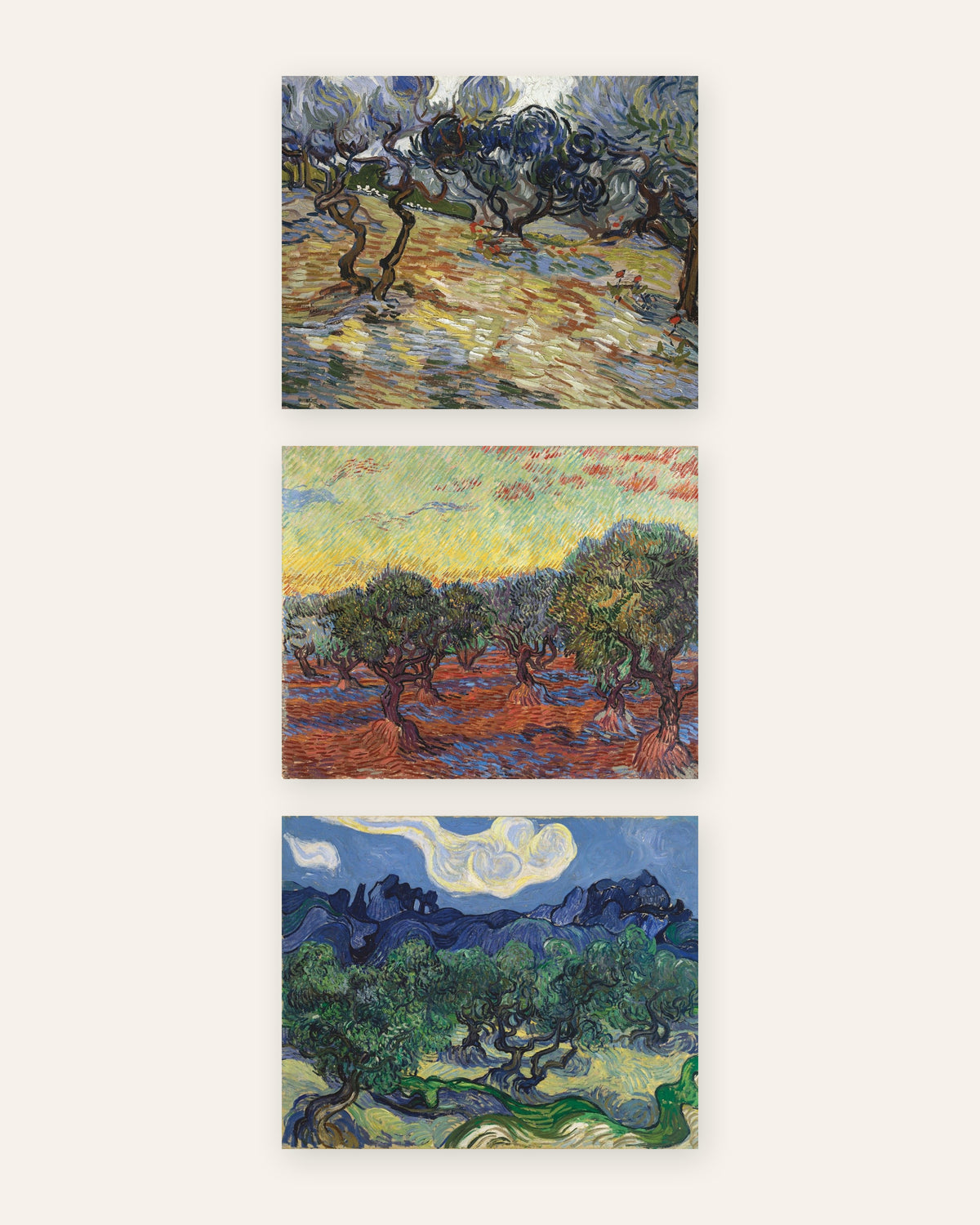 Affiches Van Gogh oliviers, lot de 3 : les oliveraies de Saint-Rémy, sans cadre