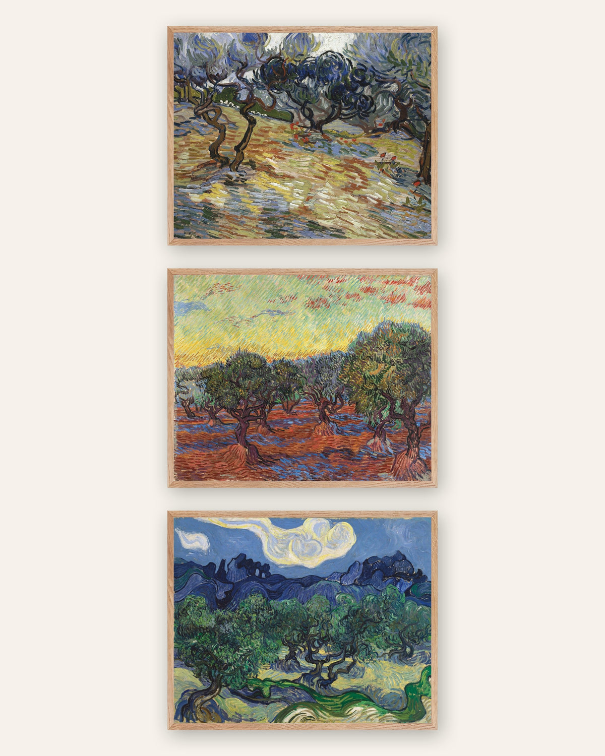 Affiches Van Gogh oliviers, lot de 3 : les oliveraies de Saint-Rémy, cadres en chêne naturel
