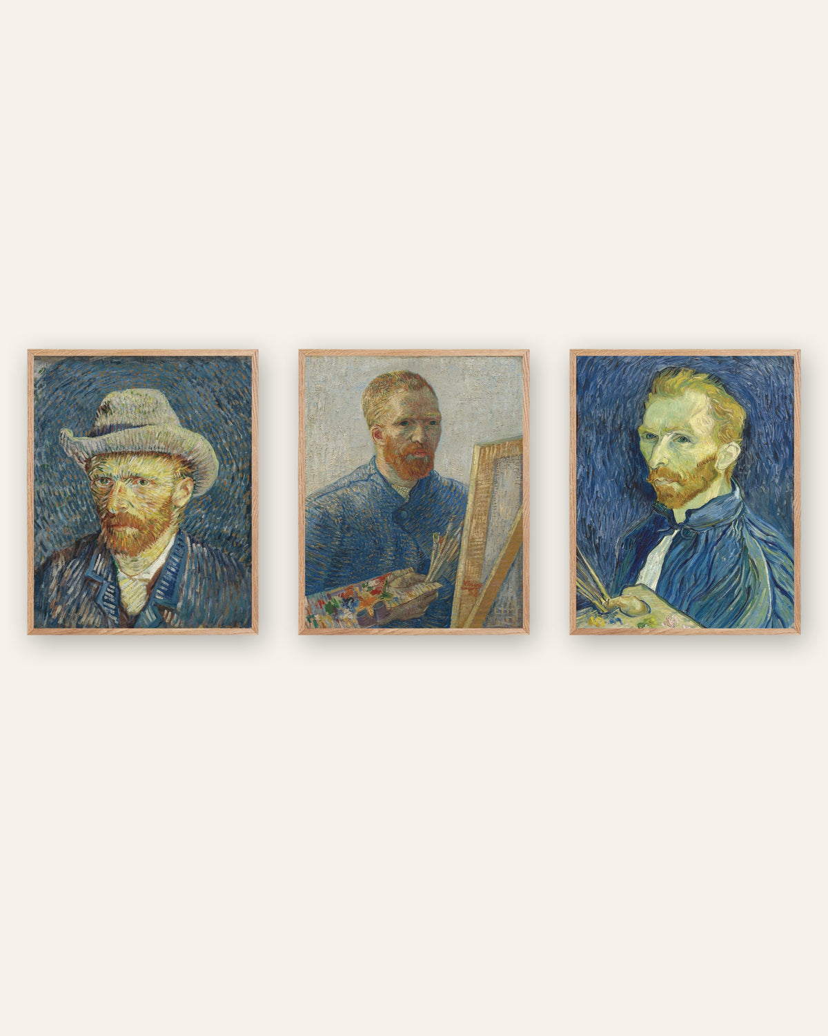 Affiches autoportraits de Van Gogh, lot de 3 : de Paris à Saint-Rémy, cadres en chêne naturel