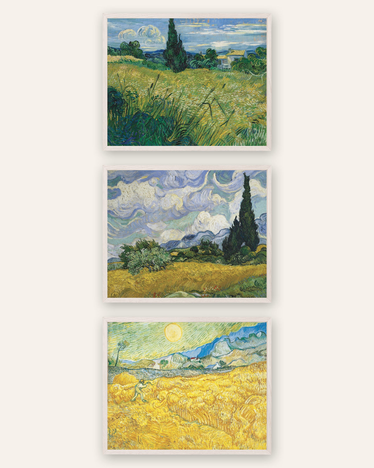 Affiches Van Gogh champs de blé, lot de 3 : cyprès et moisson, cadres en chêne blanc