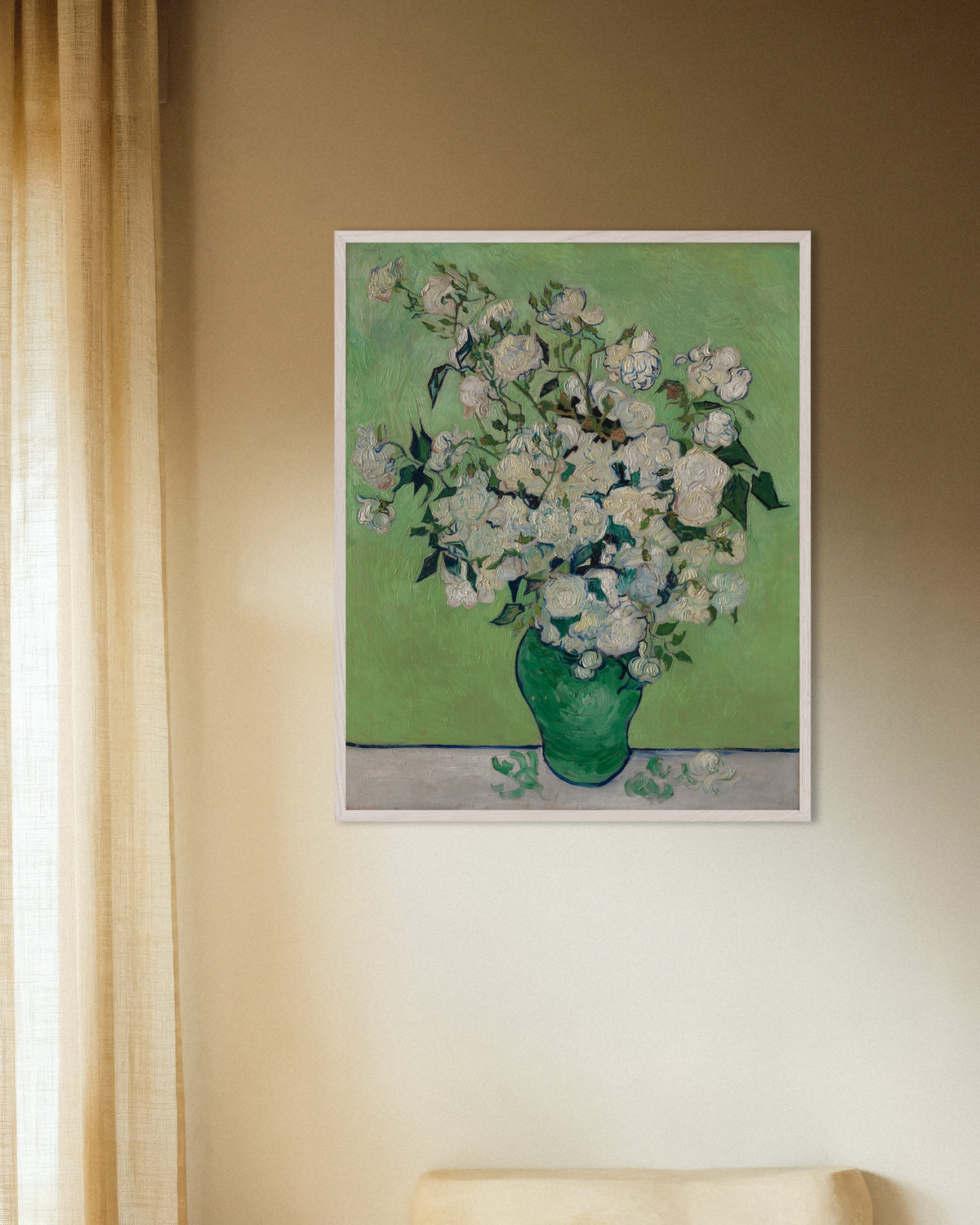 Poster de Vase de roses (1890) de Vincent van Gogh, avec un cadre en bois blanc