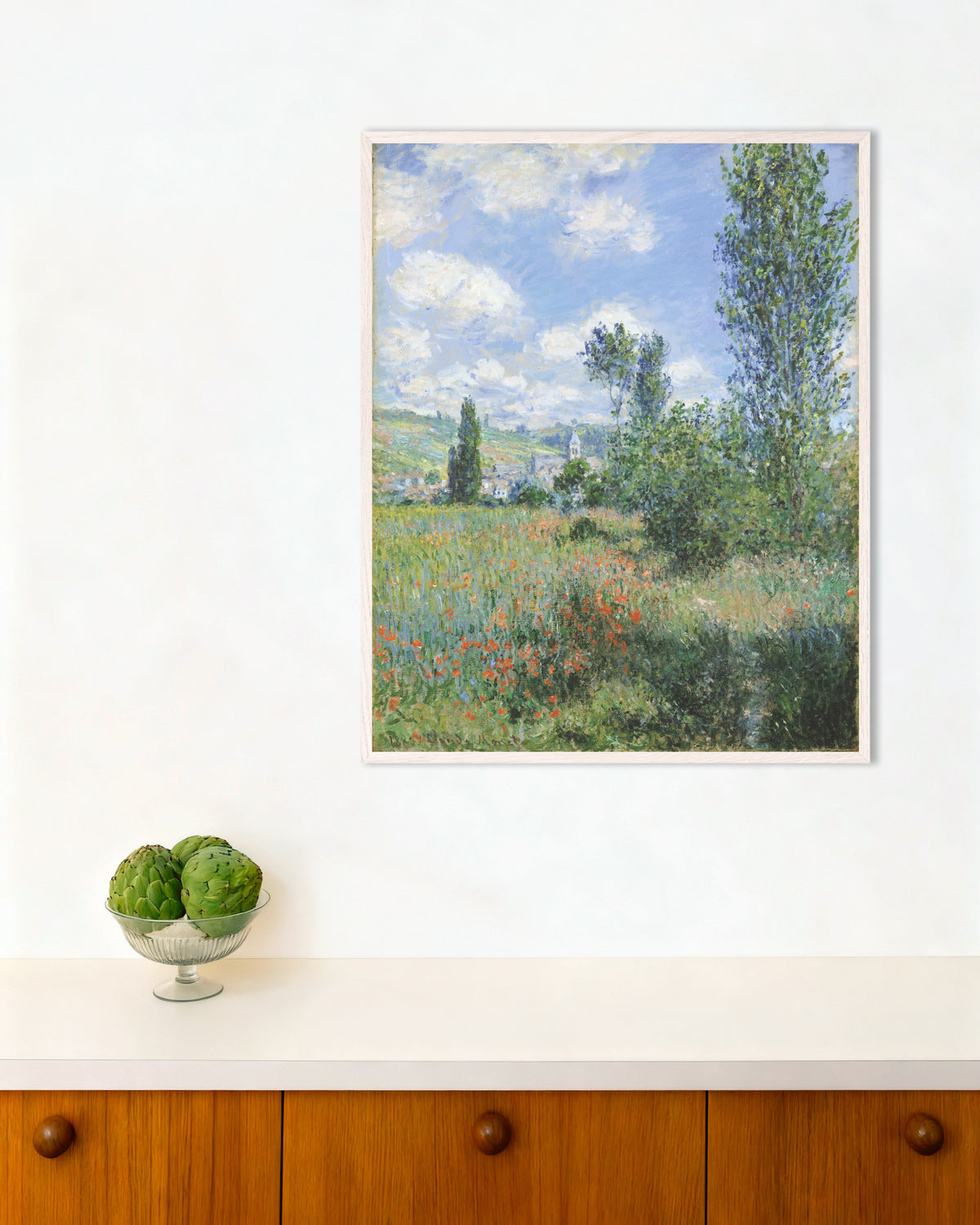 Affiche Vue de Vétheuil (1880) de Claude Monet, avec un cadre en bois blanc