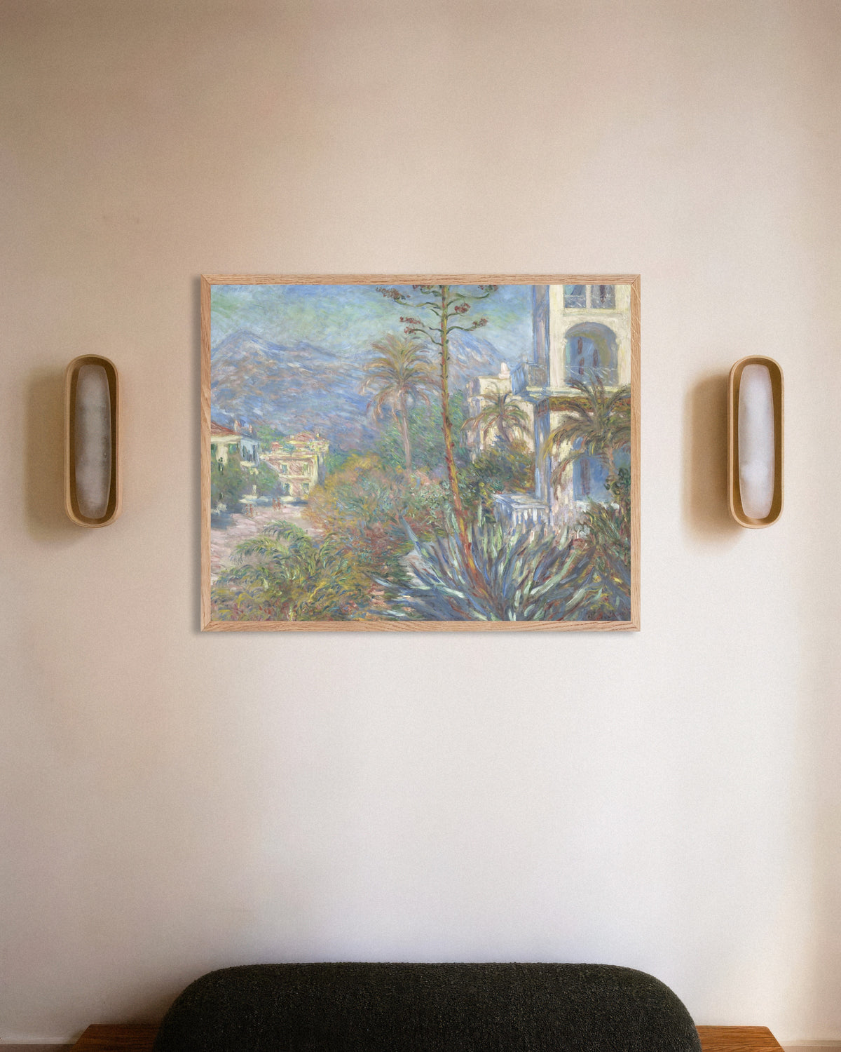 Affiche Les Villas à Bordighera (1884) de Claude Monet, avec un cadre en bois naturel