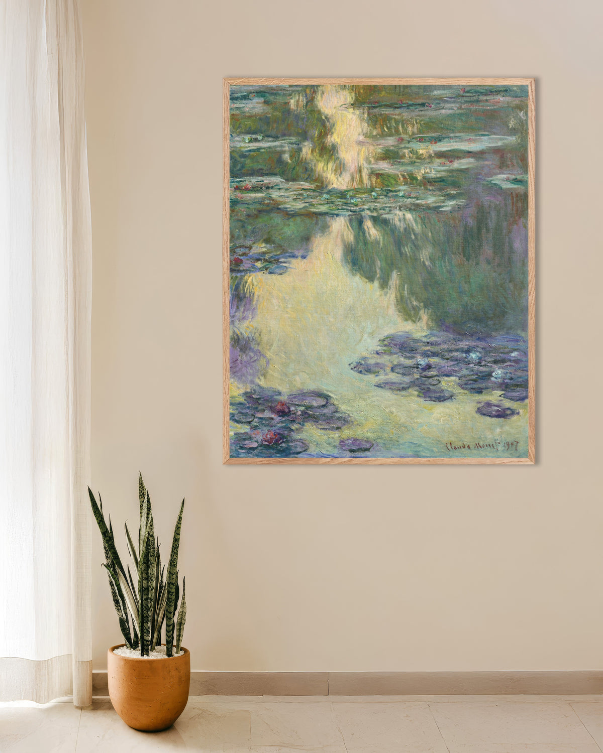 Poster Ninfee (1907) di Claude Monet con cornice in legno naturale