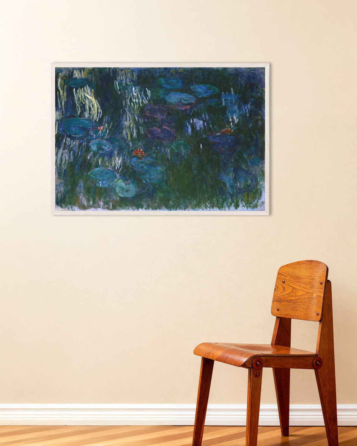 Affiche Nymphéas (1916–1919) de Claude Monet, avec un cadre en bois blanc
