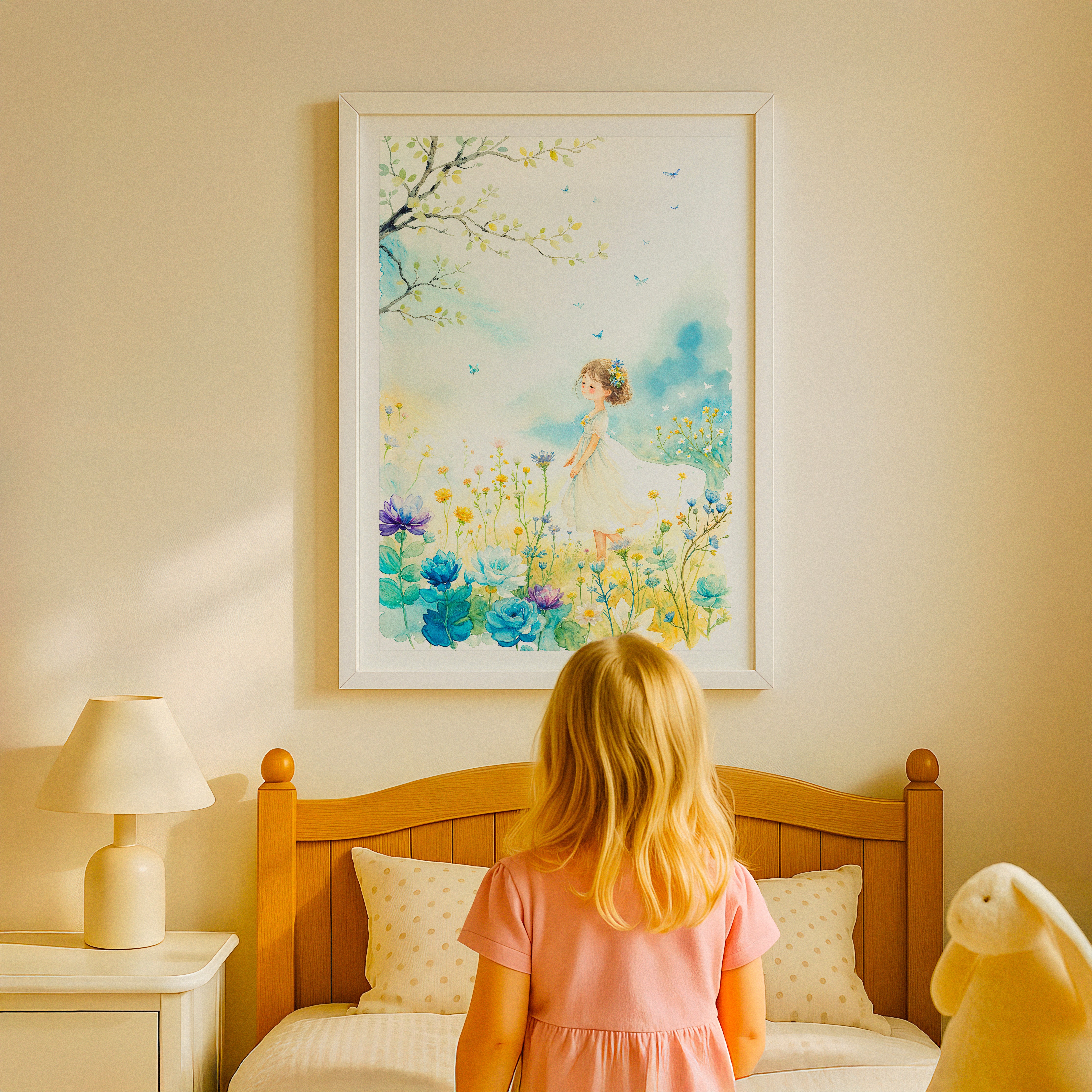 Watercolor art print of a little girl with flowers, on a wall
