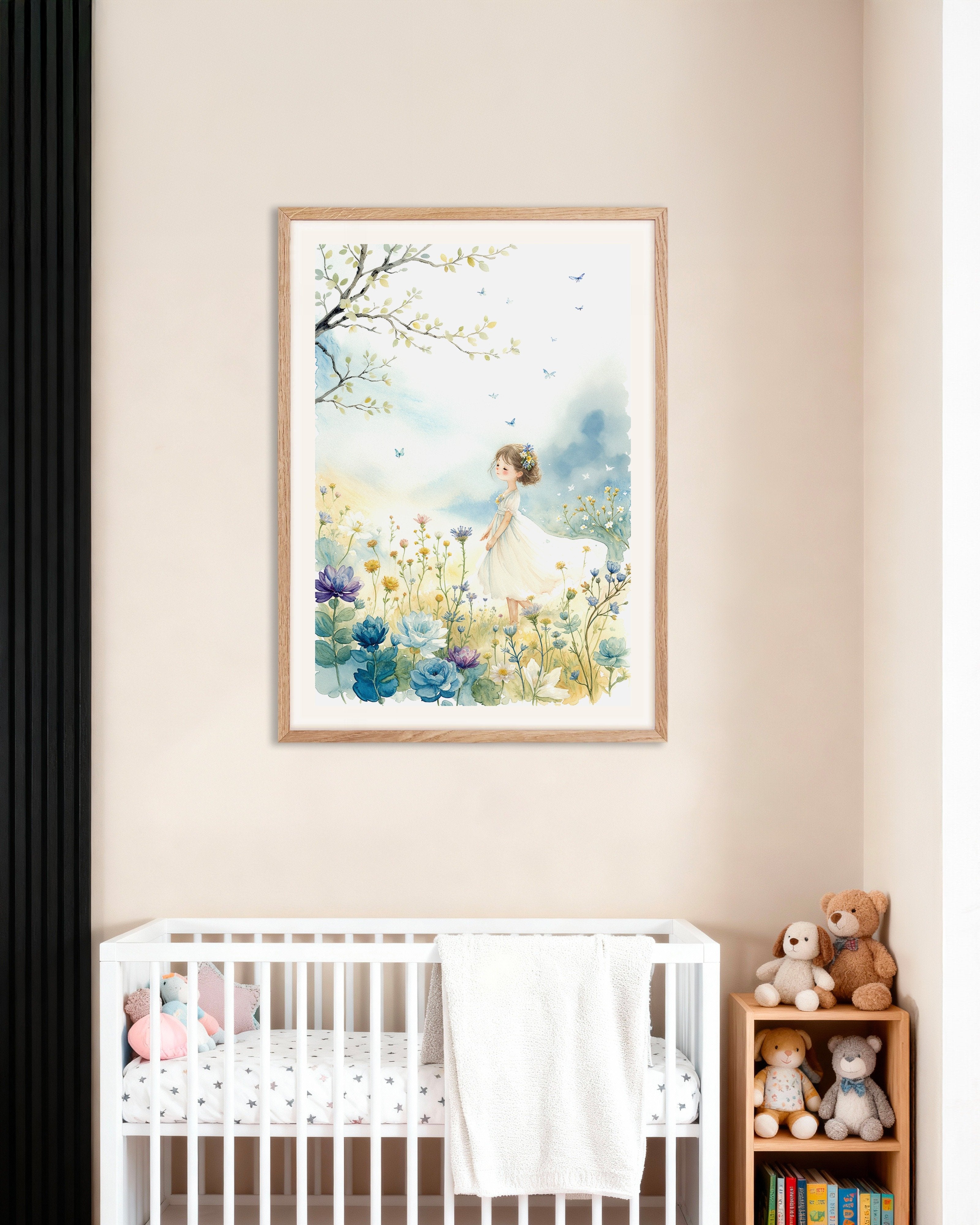 Poster of Watercolor painting, young girl and flowers - Poster, with natural wooden frame