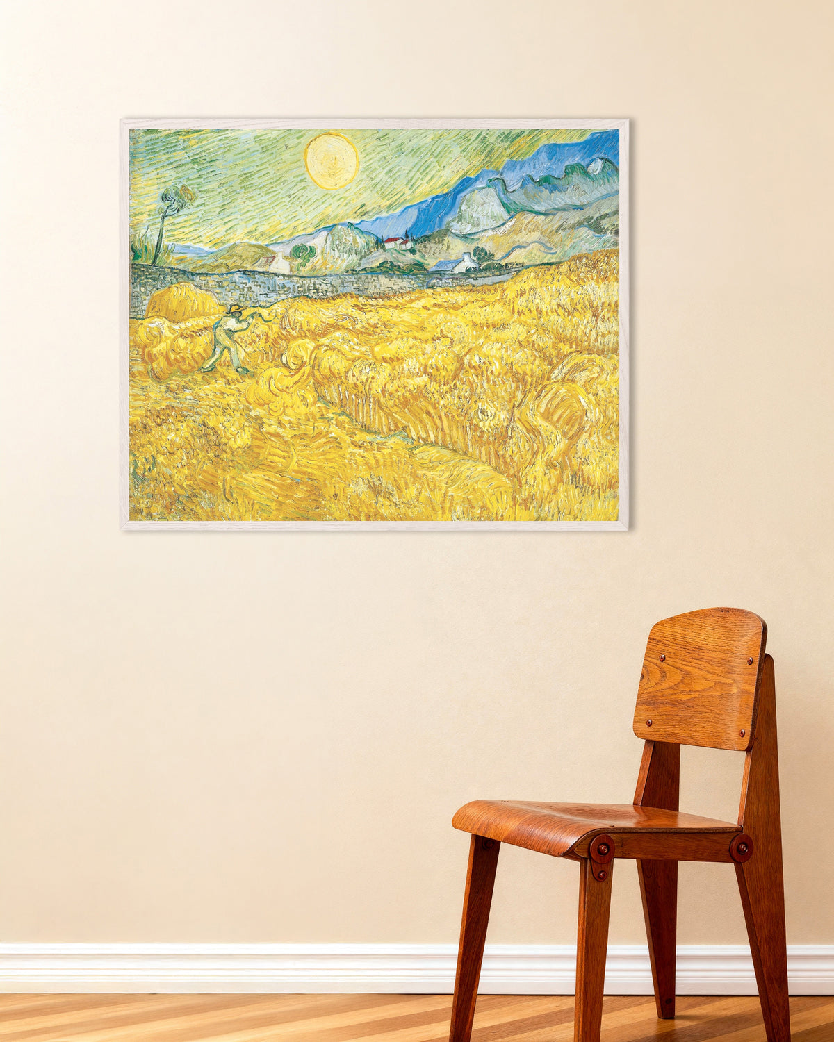 Poster di Campo di grano dietro l’ospedale Saint-Paul con un mietitore (1889) di Vincent van Gogh, con cornice in legno bianco
