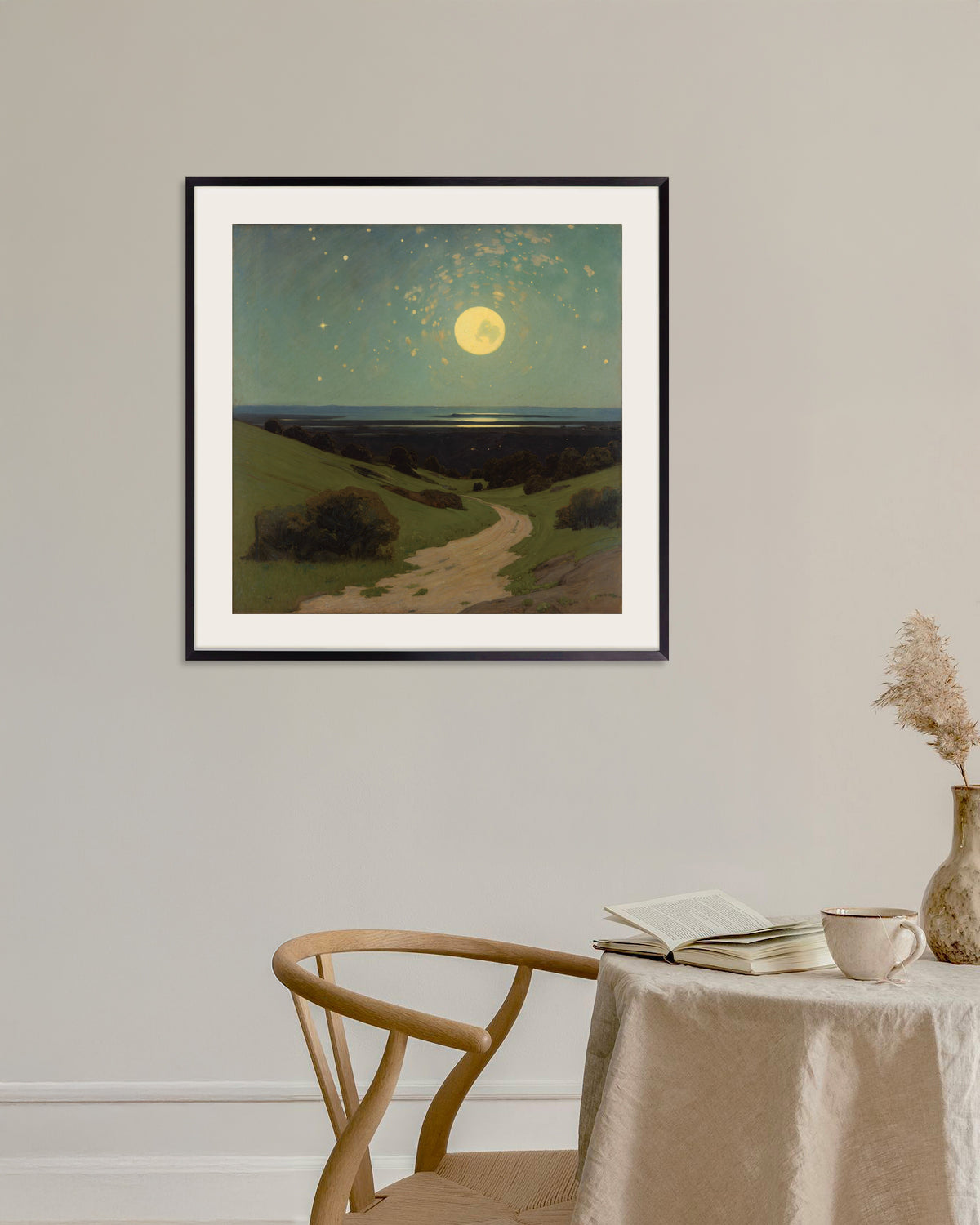 Poster Luna piena sulle colline con cornice in metallo nero