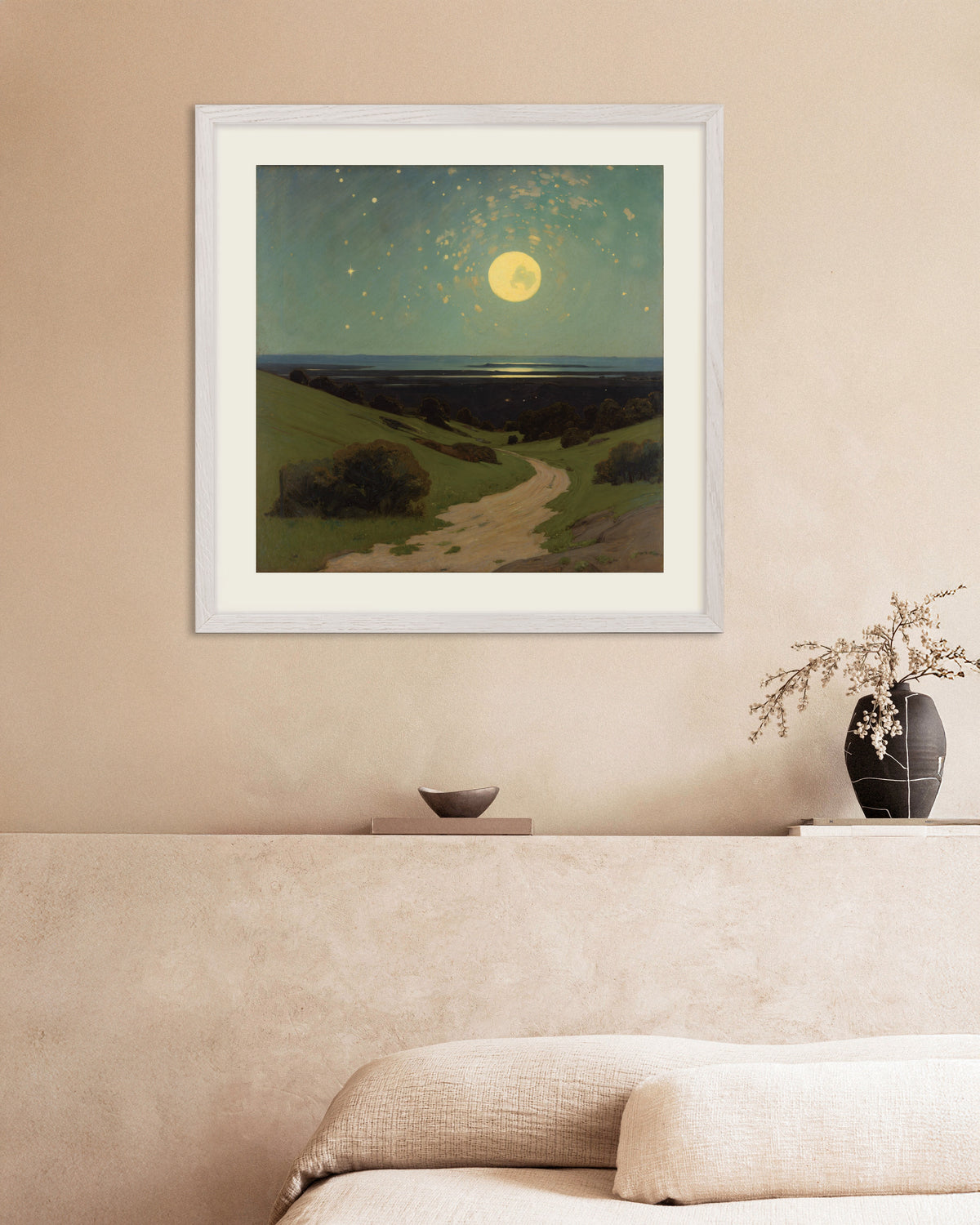 Poster Luna piena sulle colline con cornice in rovere bianco