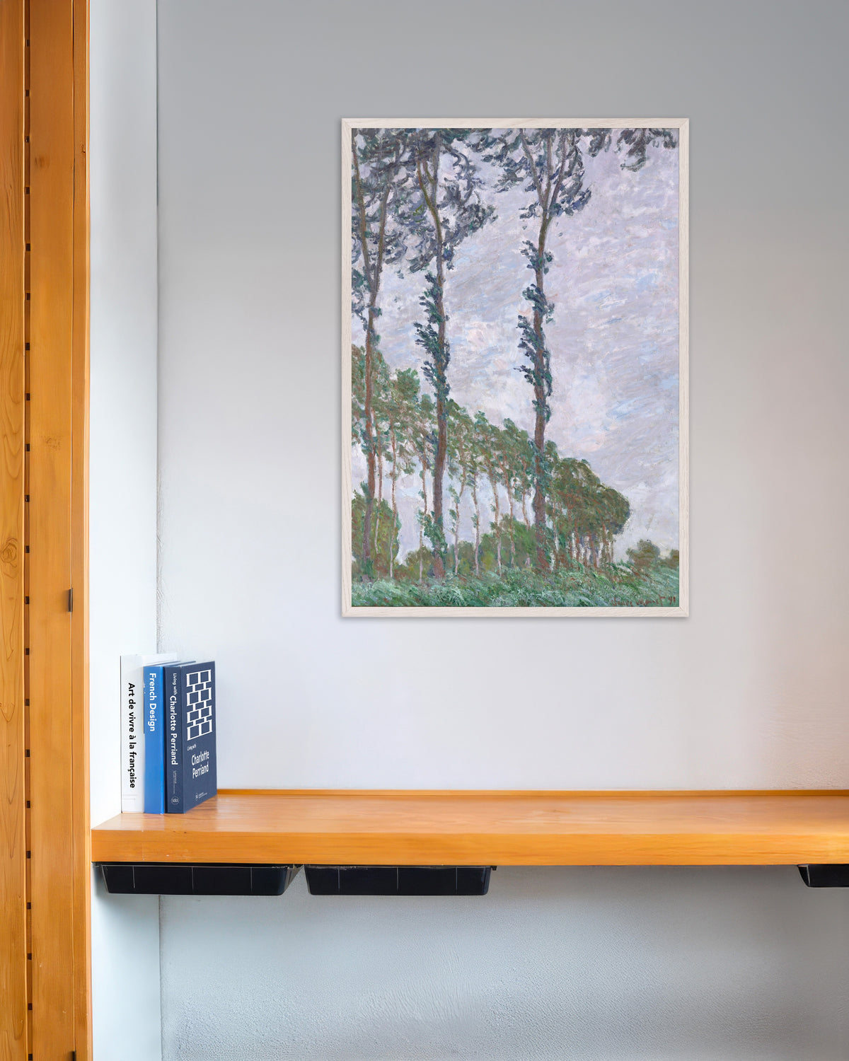 Affiche Les Peupliers, effet de vent (1891) de Claude Monet, avec un cadre en bois blanc