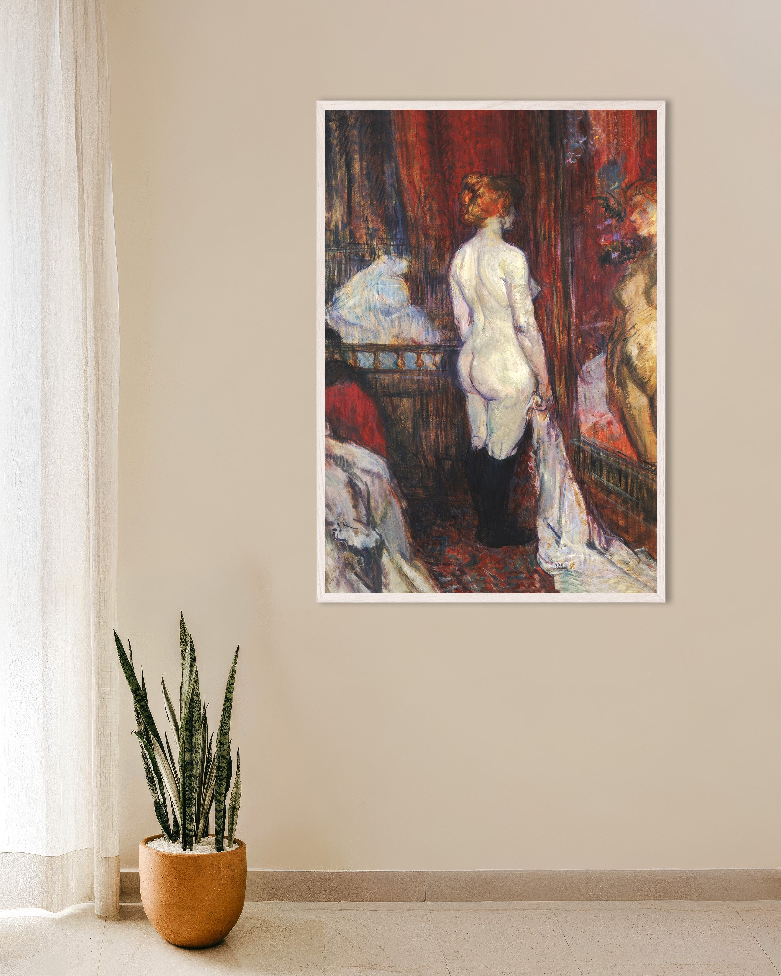 Poster of Woman before a mirror (1897) by Henri de Toulouse-Lautrec, with white wooden frame