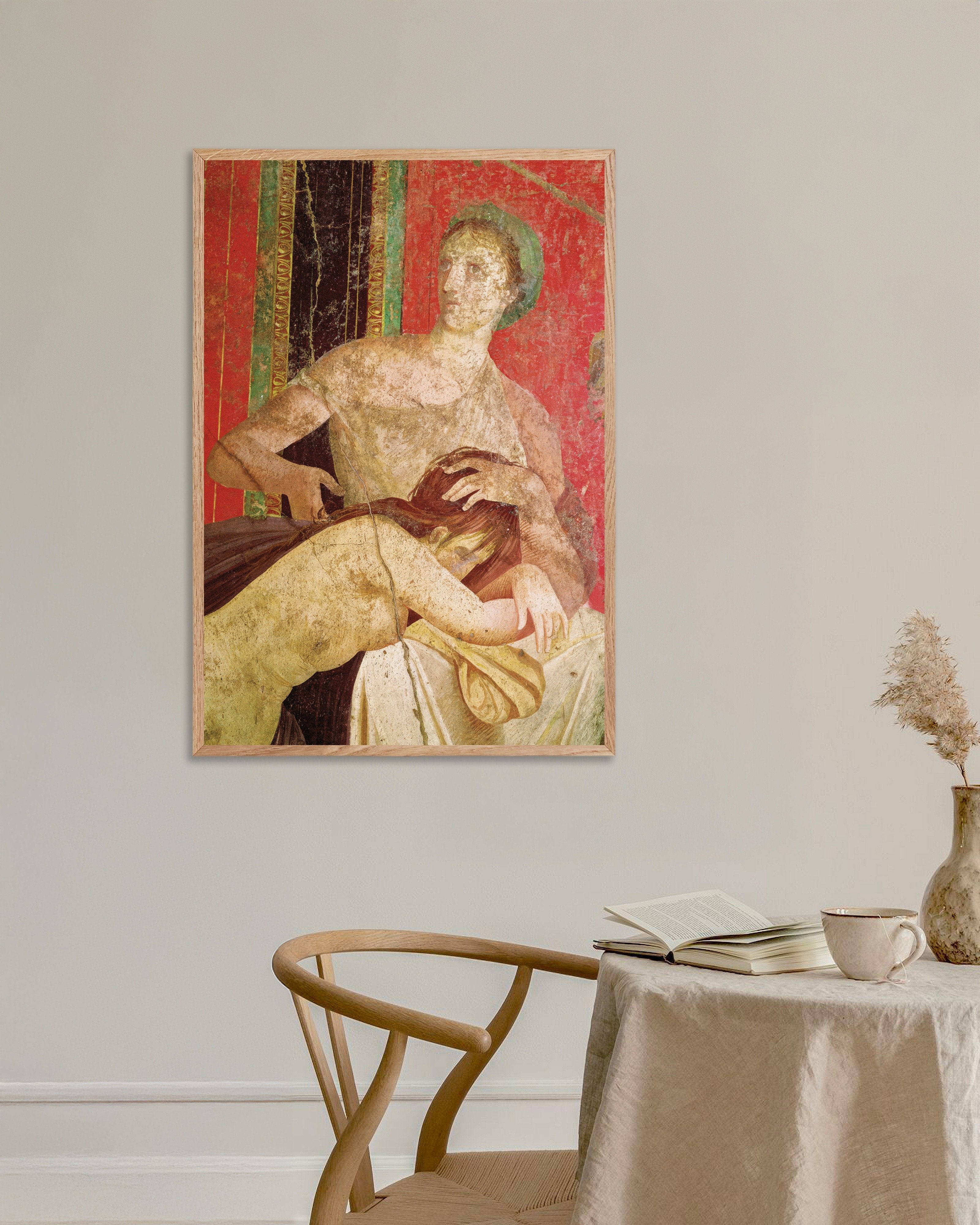 Poster of Woman comforting initiate fresco poster, with natural wooden frame
