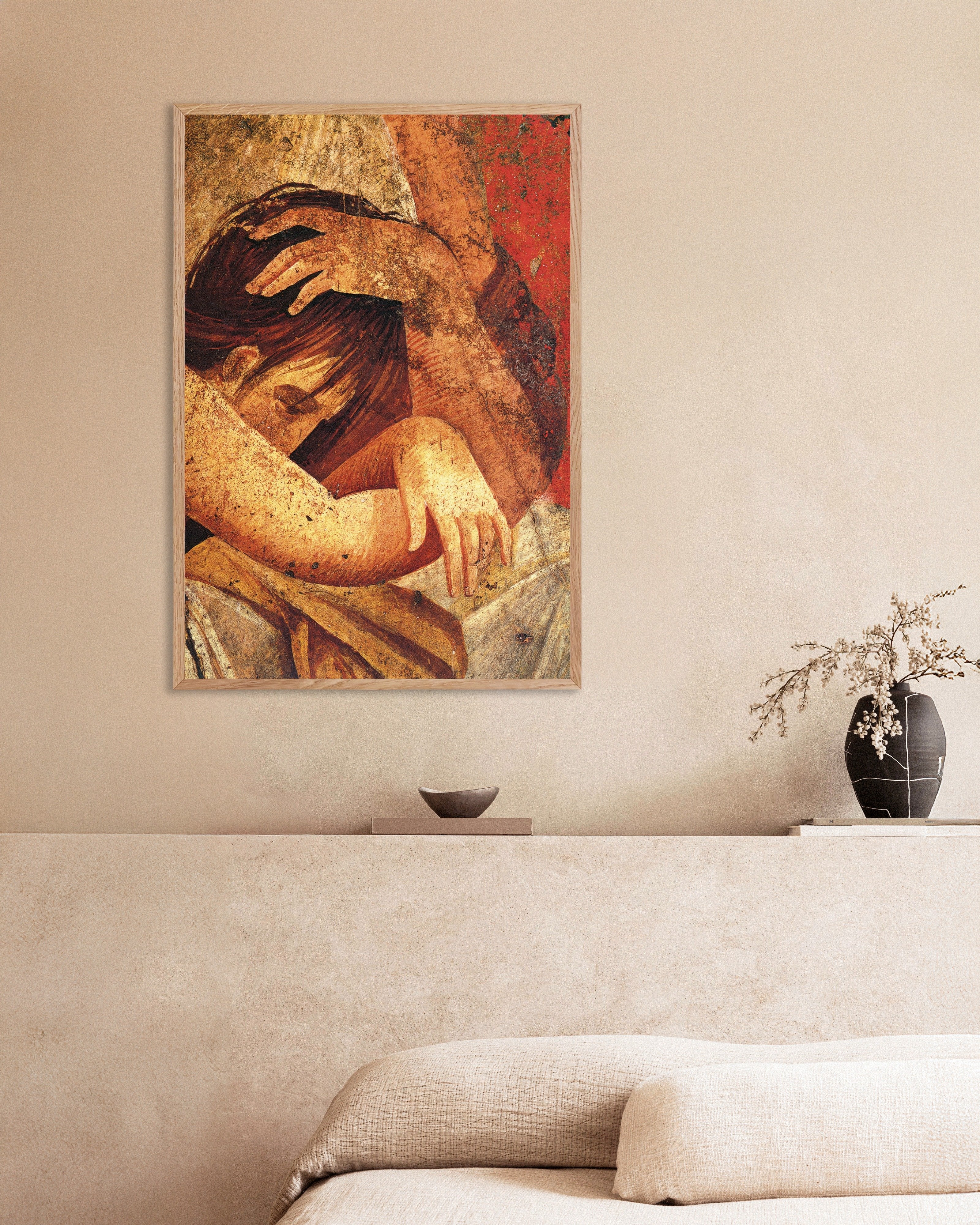 Poster of Woman comforting initiate from Villa of the Mysteries, with natural wooden frame