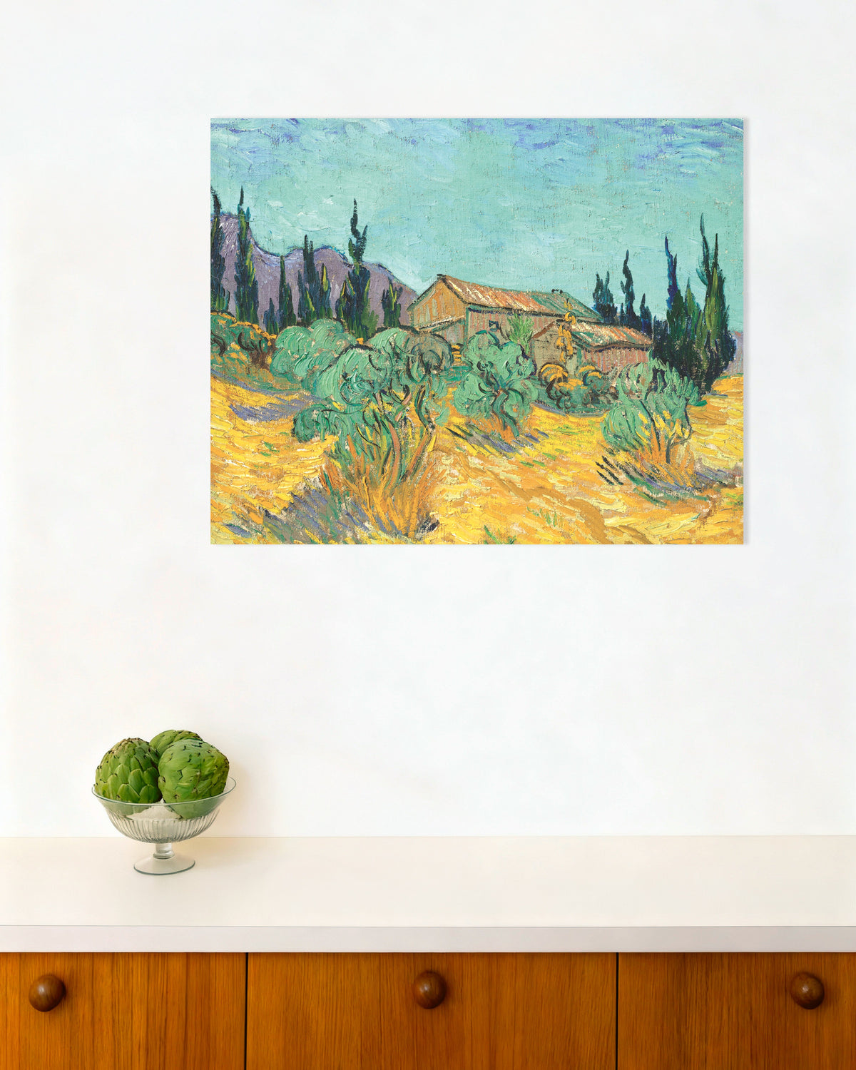 Poster di Capanni di legno tra ulivi e cipressi (1889) di Vincent van Gogh