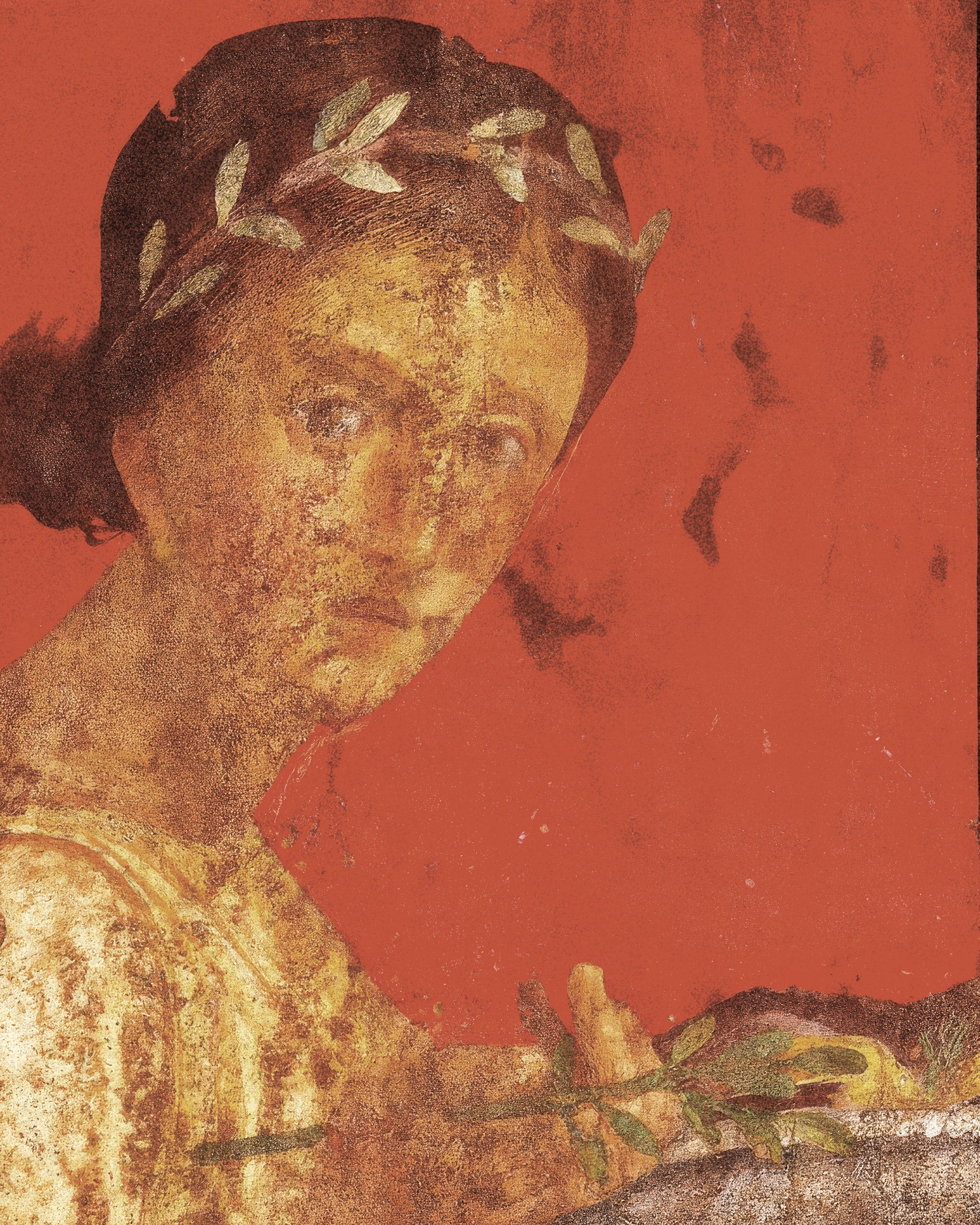 Fresco of a person with laurel wreath on a red background