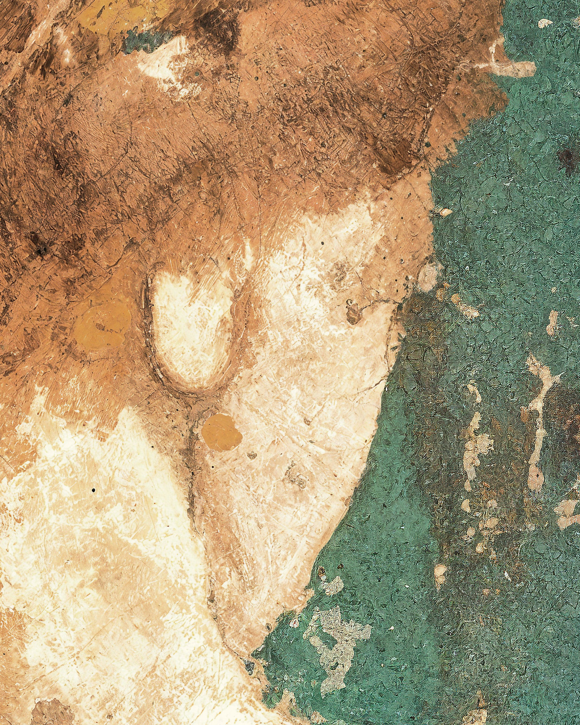 An abstract textured roman fresco detail featuring a diagonal composition of earthy brown, beige, and teal-green tones with distressed, cracked surface details.