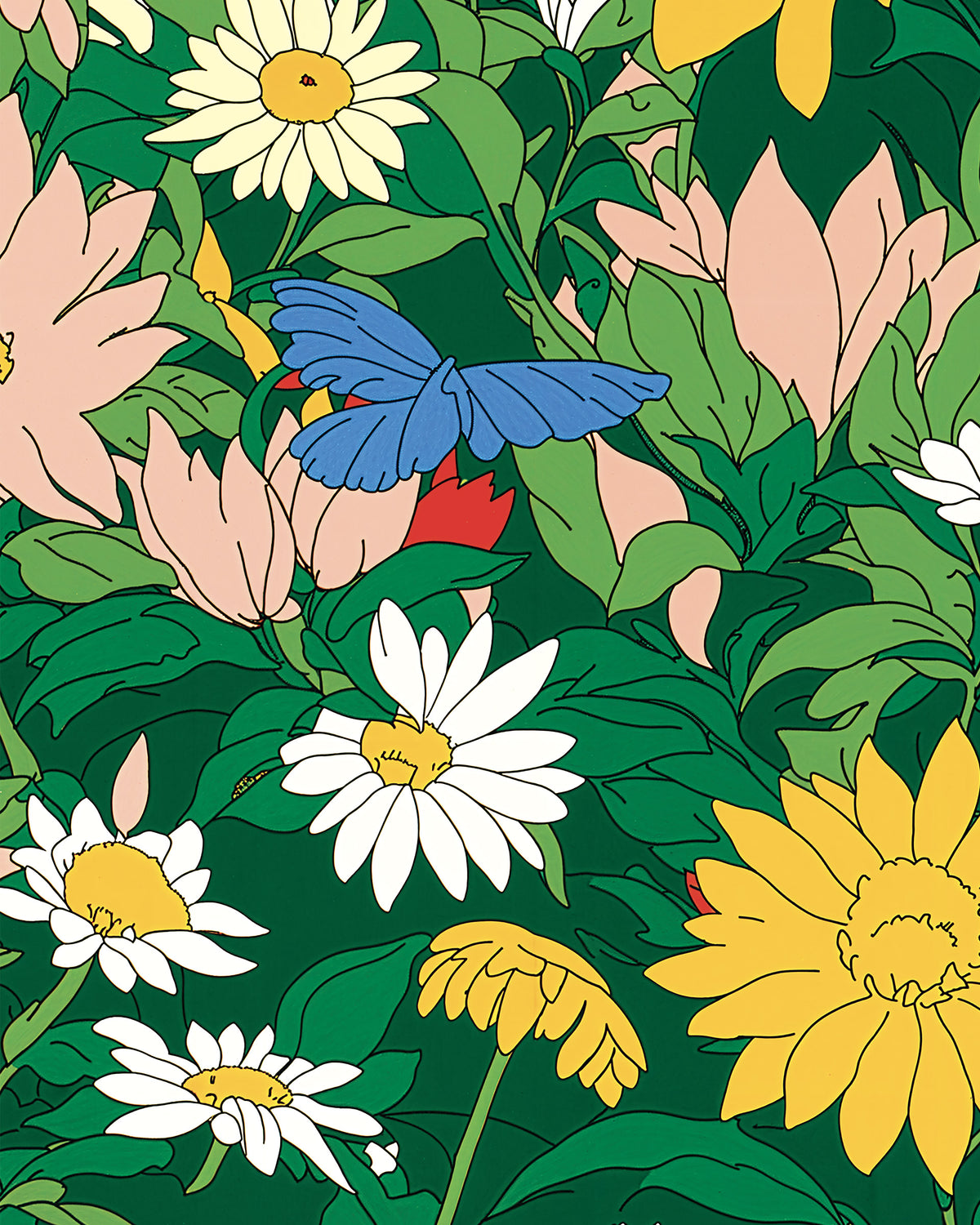 Illustration d’un motif floral coloré avec des marguerites blanches et jaunes, des fleurs roses, des feuilles vertes et un papillon bleu sur un fond vert foncé.