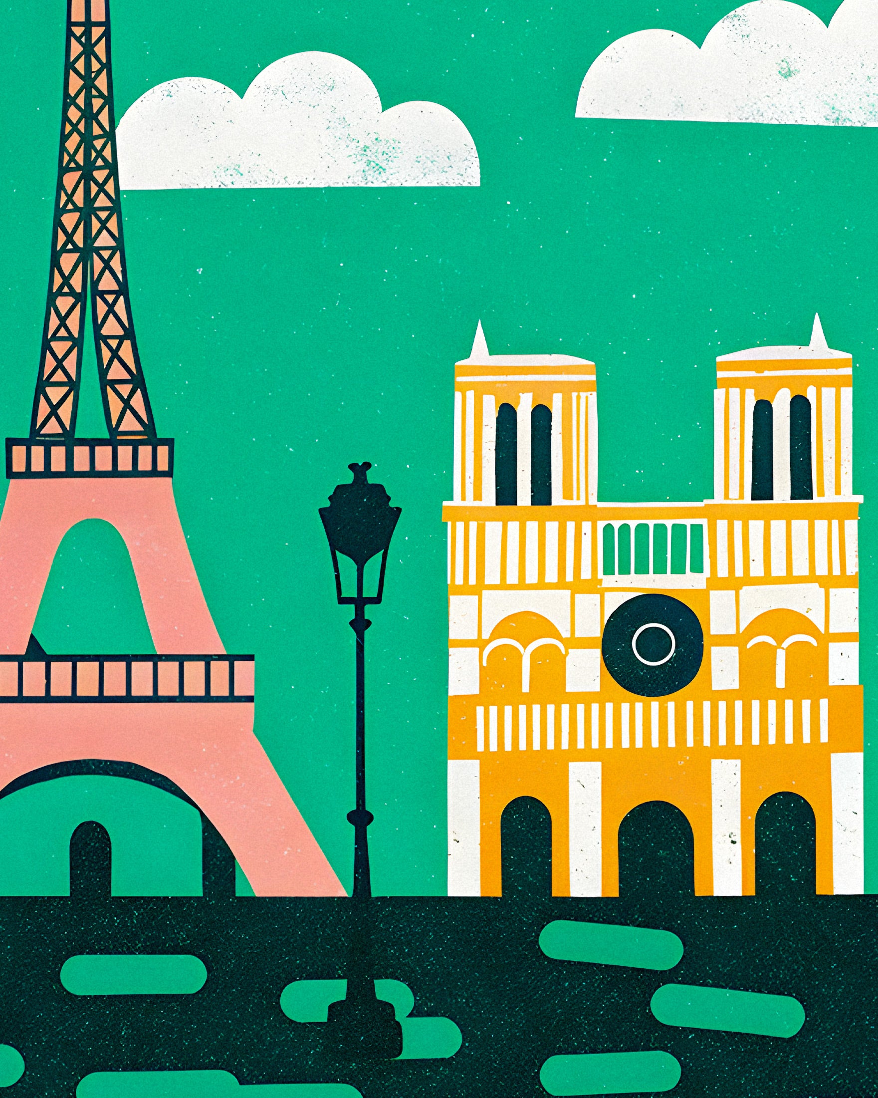 Grafische moderne Illustration des Eiffelturms & der Notre-Dame - Paris Poster