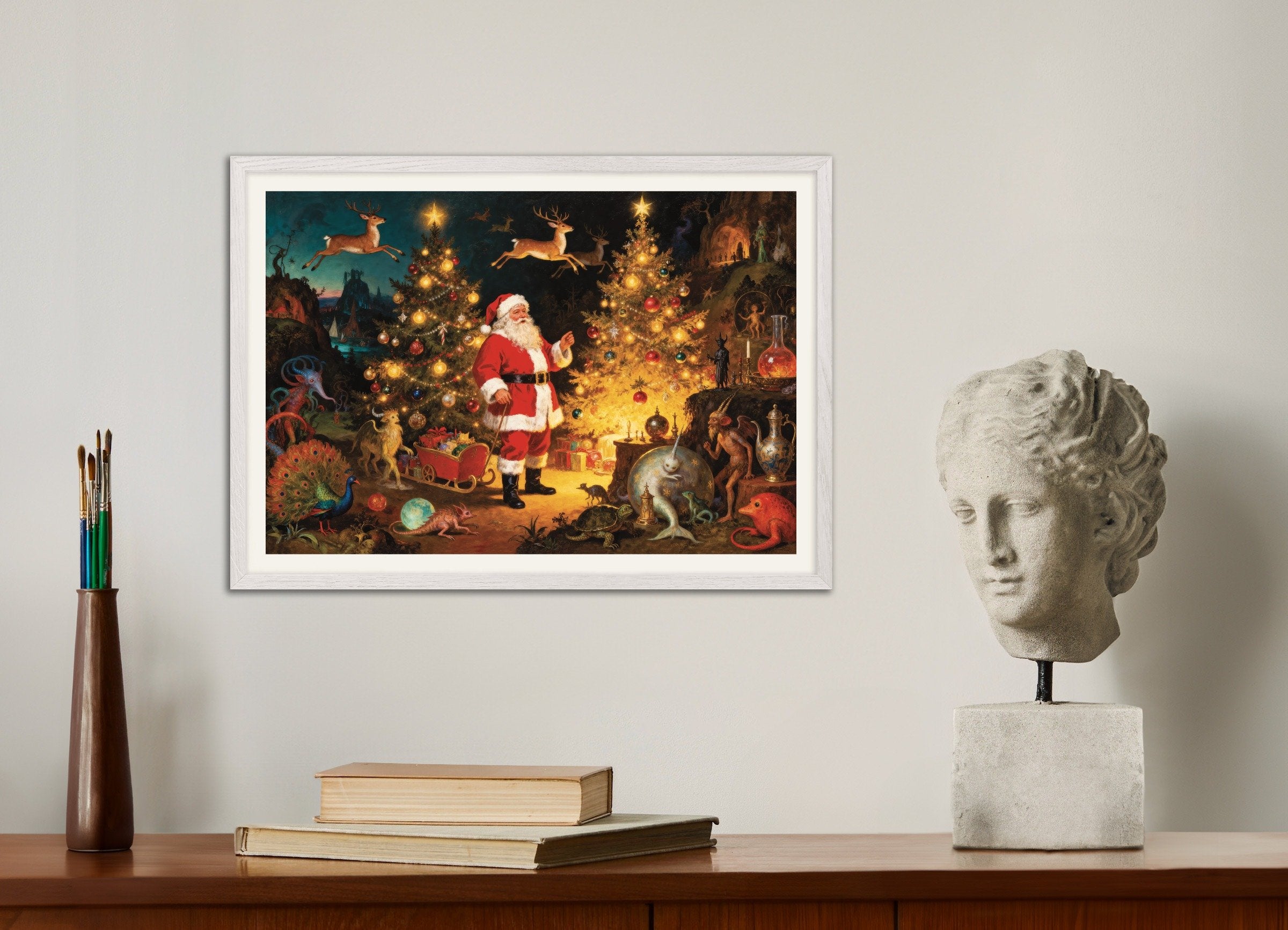 Poster of A strange and fantastic Christmas poster, with white wooden frame