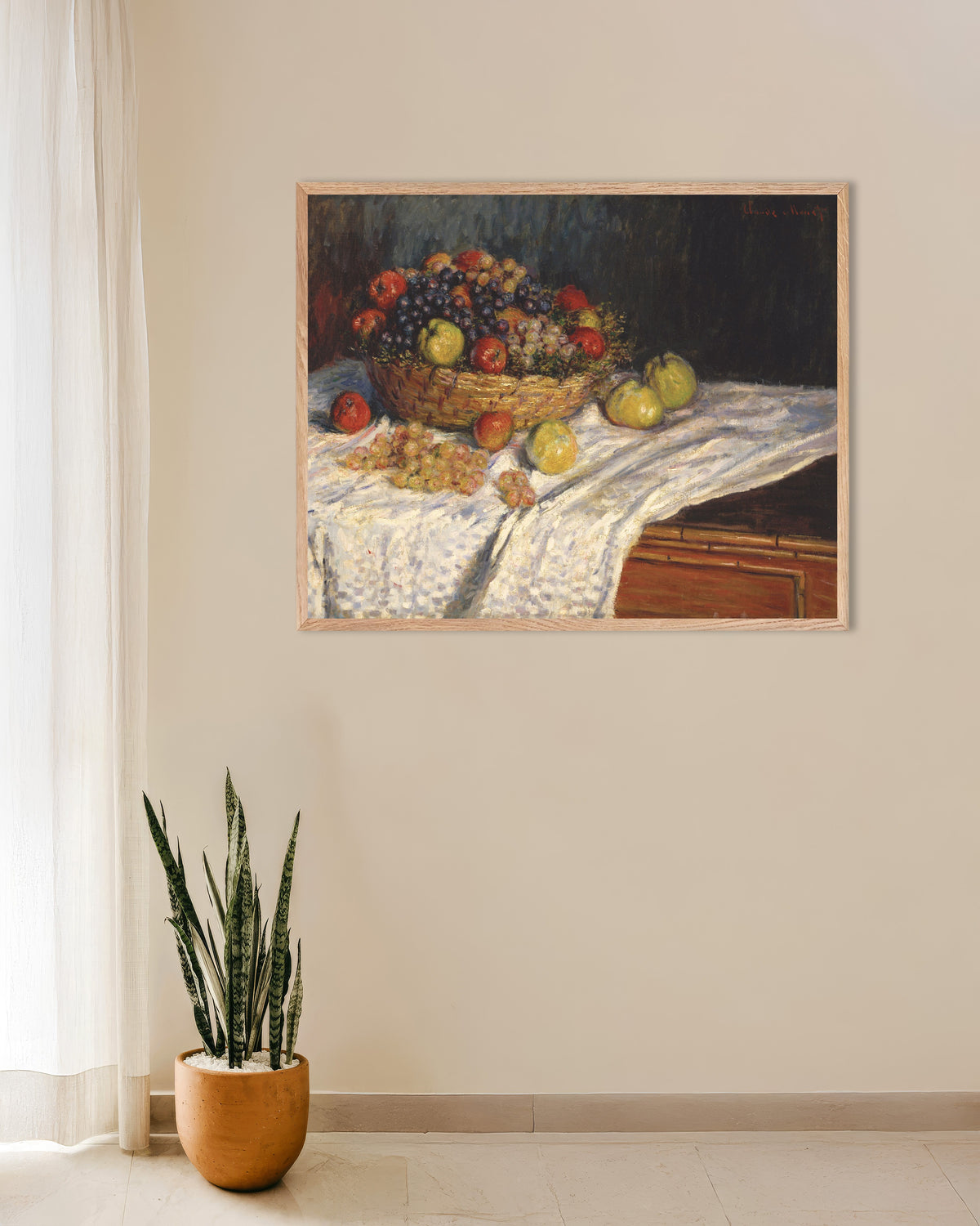 Affiche Pommes et raisins (1879–1880) de Claude Monet, avec un cadre en bois naturel