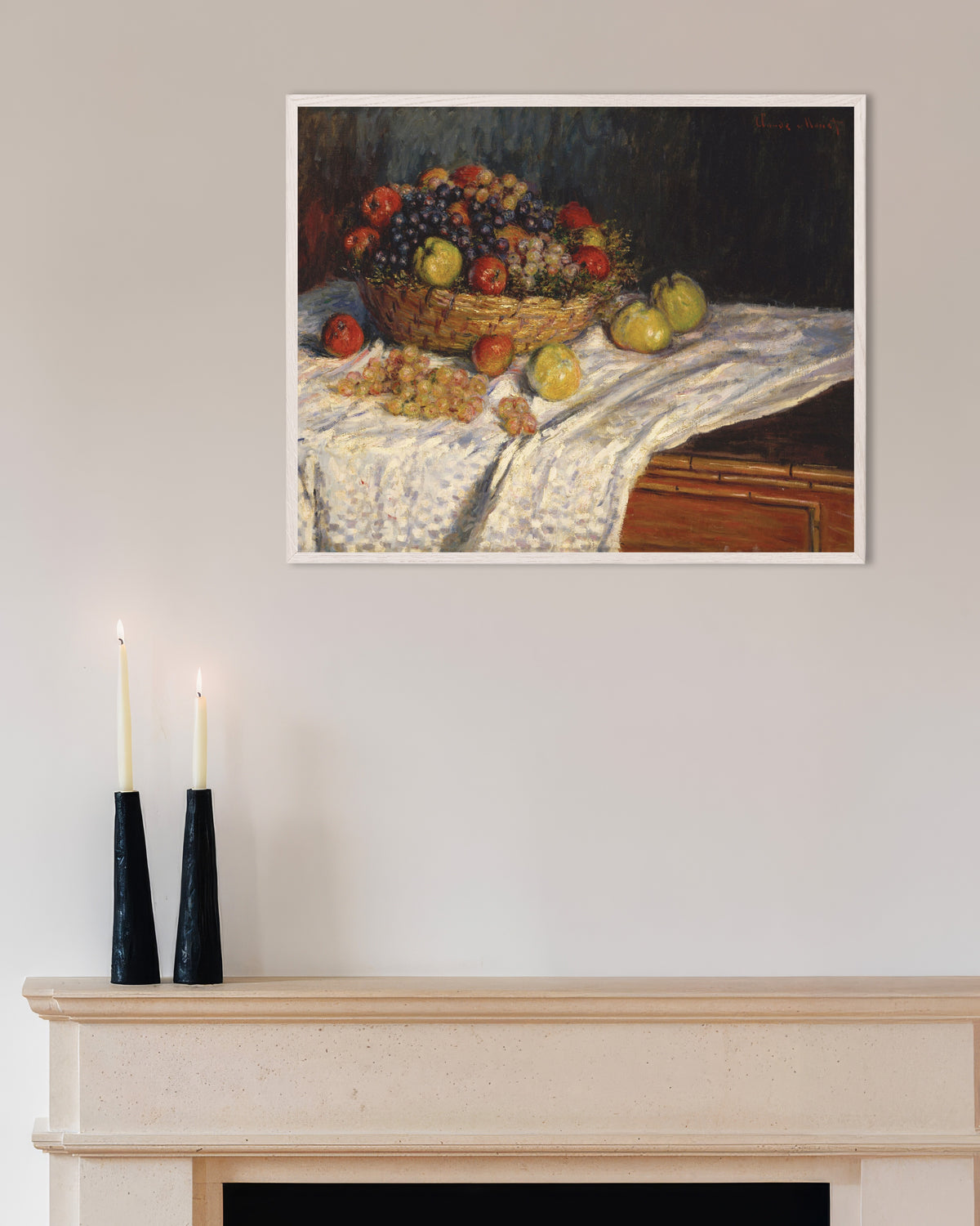 Affiche Pommes et raisins (1879–1880) de Claude Monet, avec un cadre en bois blanc