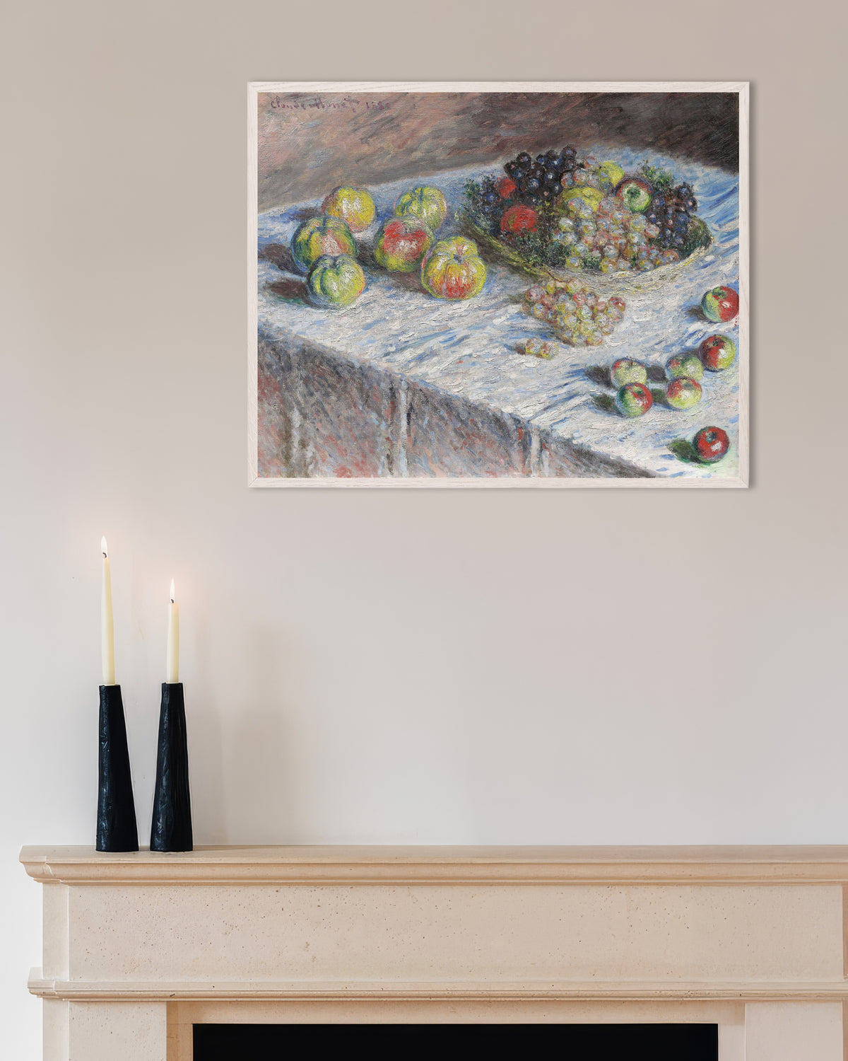 Poster Mele e uva (1880) di Claude Monet con cornice in legno bianco