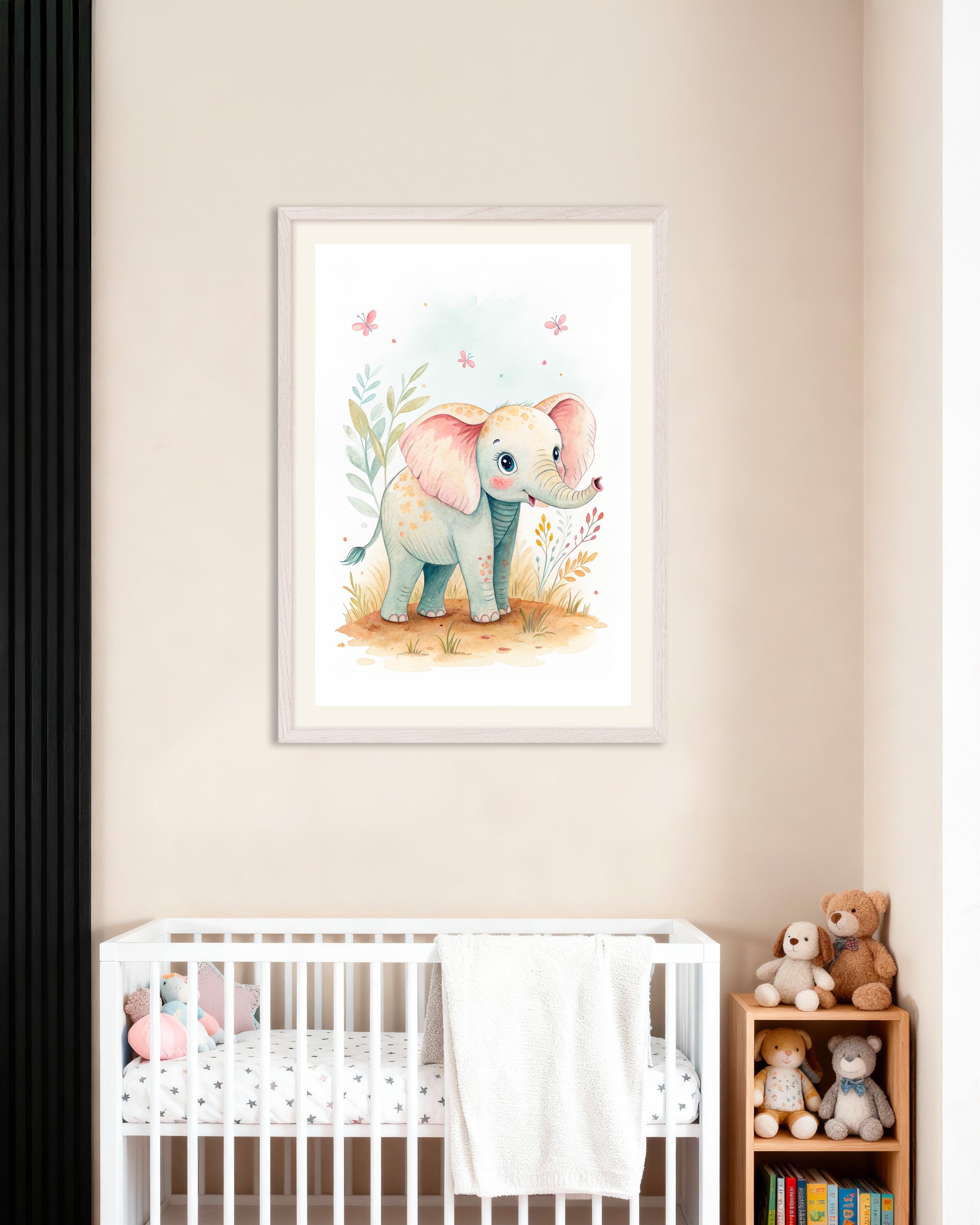 Poster of Baby Elephant Poster – Nursery Wall Art, with white wooden frame