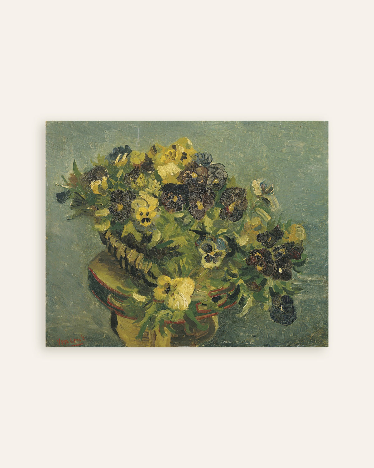 Poster von Korb mit Stiefmütterchen auf einem kleinen Tisch (1887) von Vincent van Gogh, Miniaturansicht