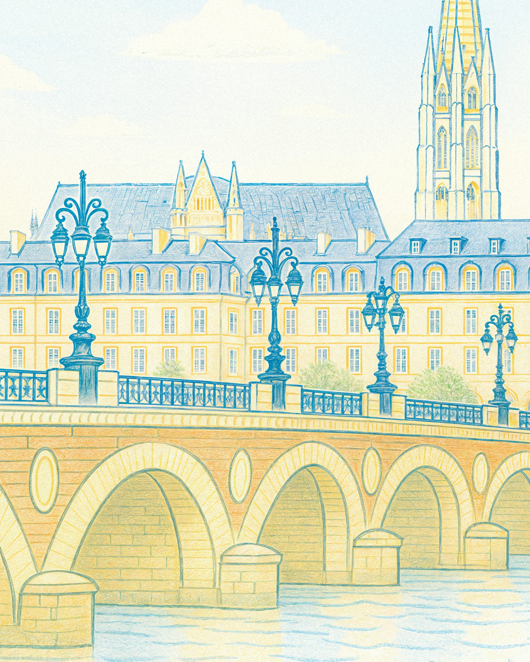 Bordeaux Poster – Handgezeichnetes Stadtbild Kunstdruck in sanften Pastelltönen