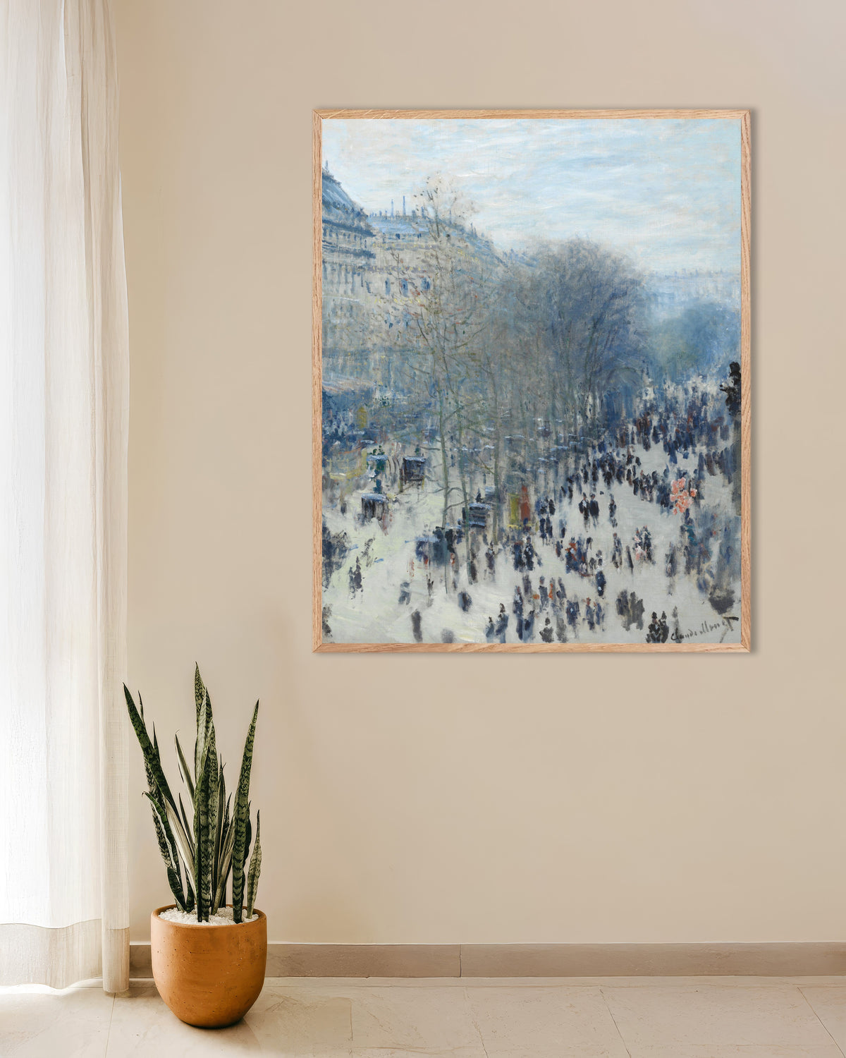 Poster Boulevard des Capucines (1873–1874) von Claude Monet mit naturfarbenem Holzrahmen