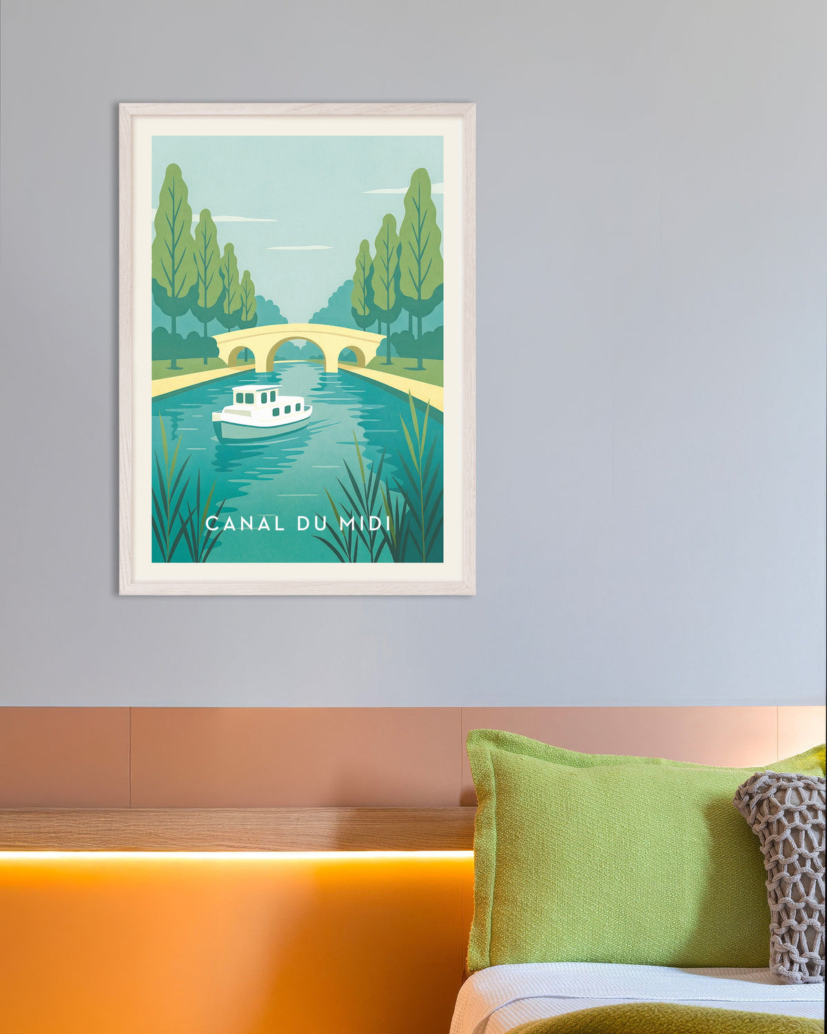 Poster of Canal du Midi Travel Poster - French Waterway, with white wooden frame