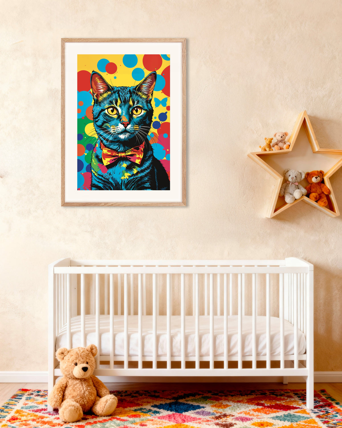 Poster di Poster con gatto colorato, con cornice in legno naturale