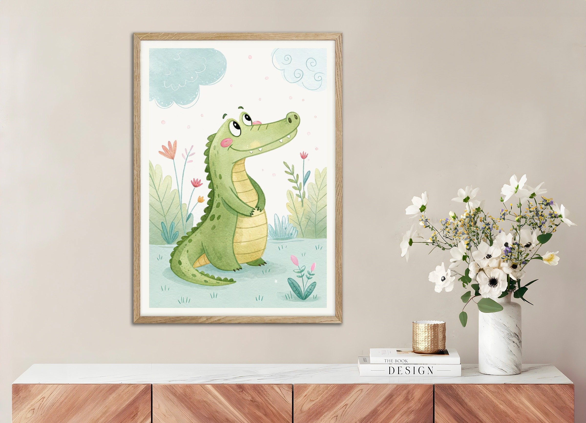 Poster of Crocodile Poster - Safari Nursery Wall Art, with natural wooden frame