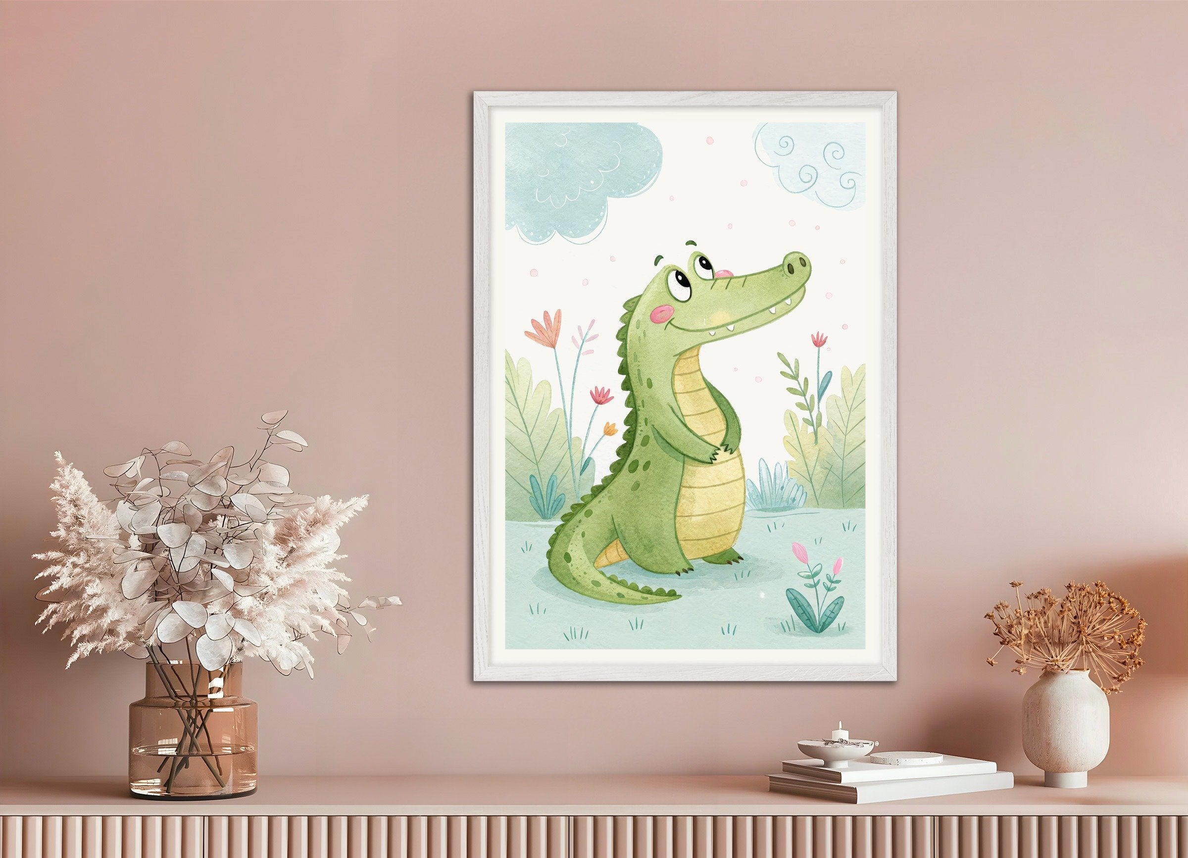 Poster of Crocodile Poster - Safari Nursery Wall Art, with white wooden frame