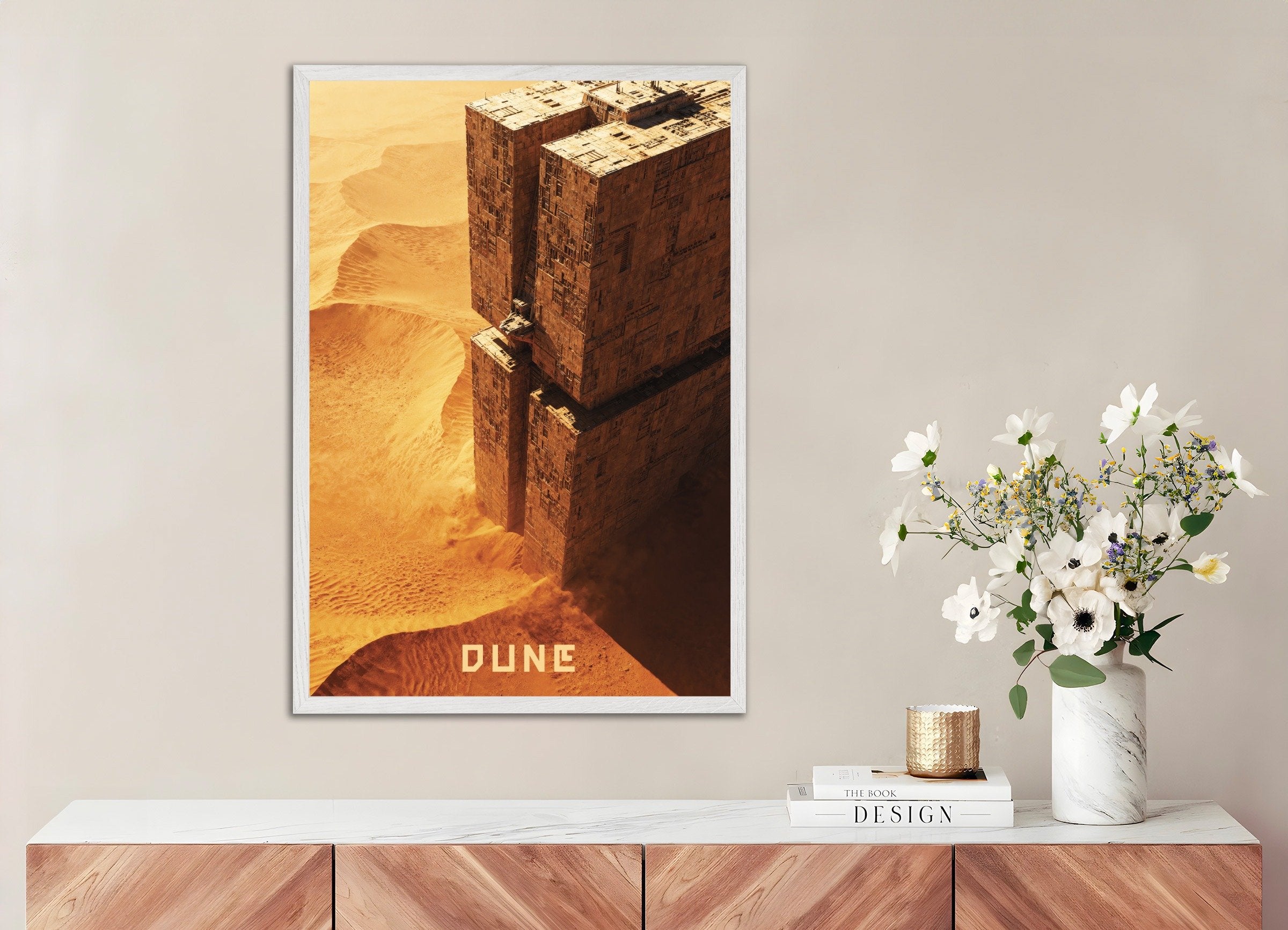 Poster of Desert Fortress Poster, Dune, Sci-Fi Megastructure Art Print, with white wooden frame