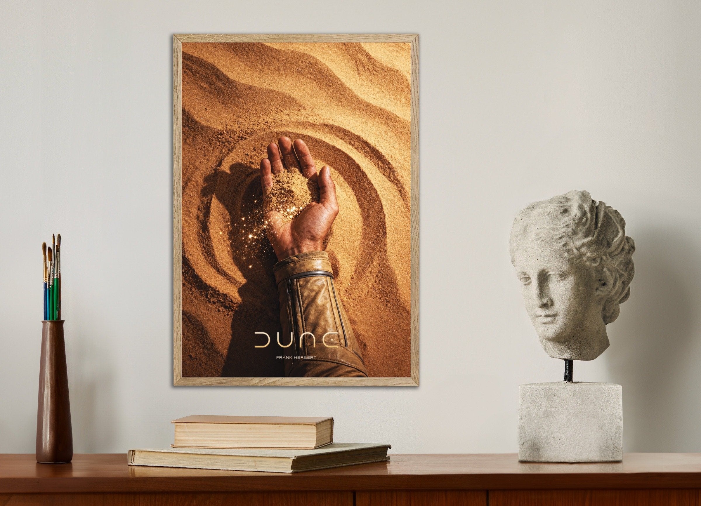 Poster of Desert Hand Poster, Dune, Sci-Fi Sand Art Print, with natural wooden frame
