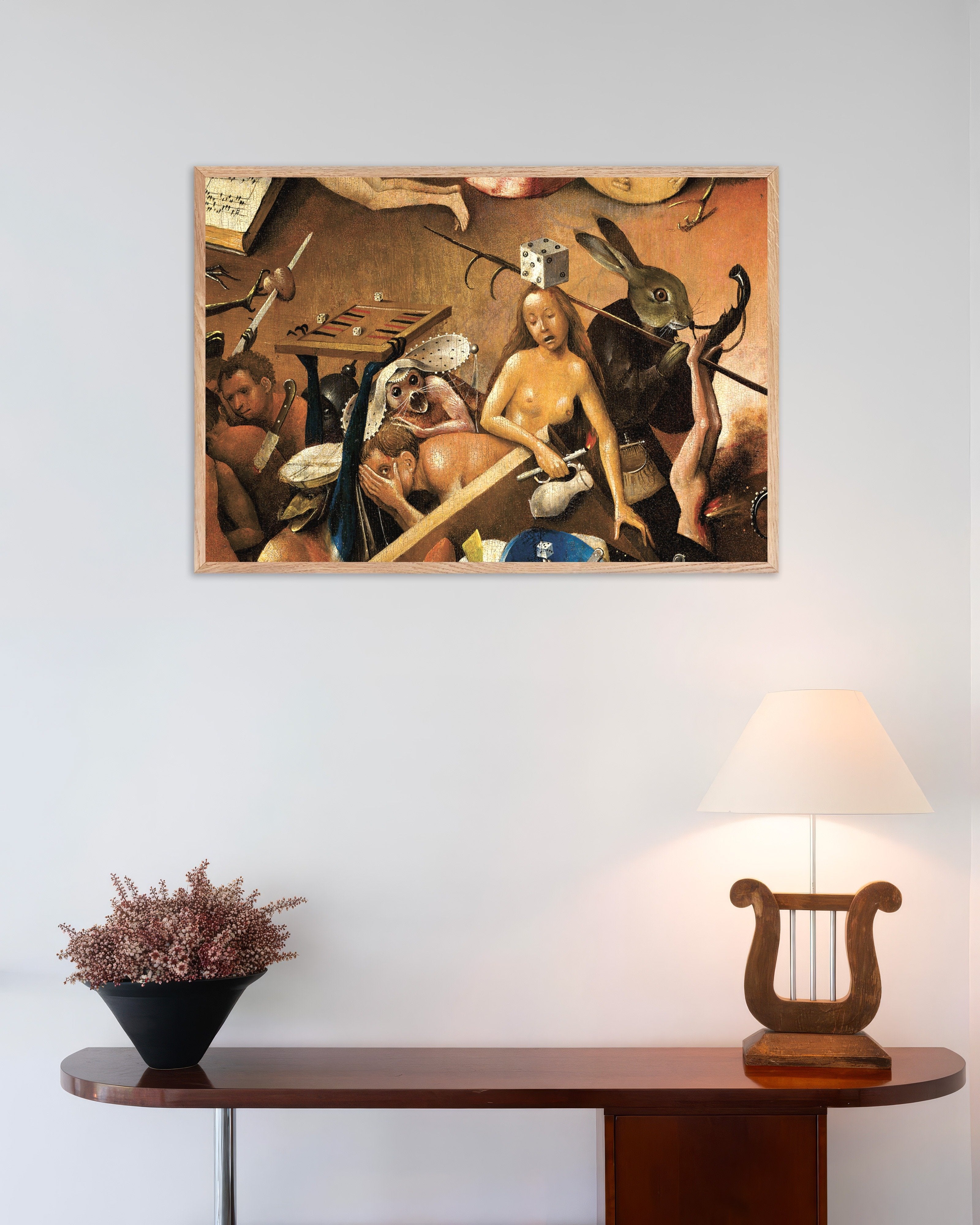 Poster of Detail from The Garden of Earthly Delights: the giant hare and gamblers, with natural wooden frame
